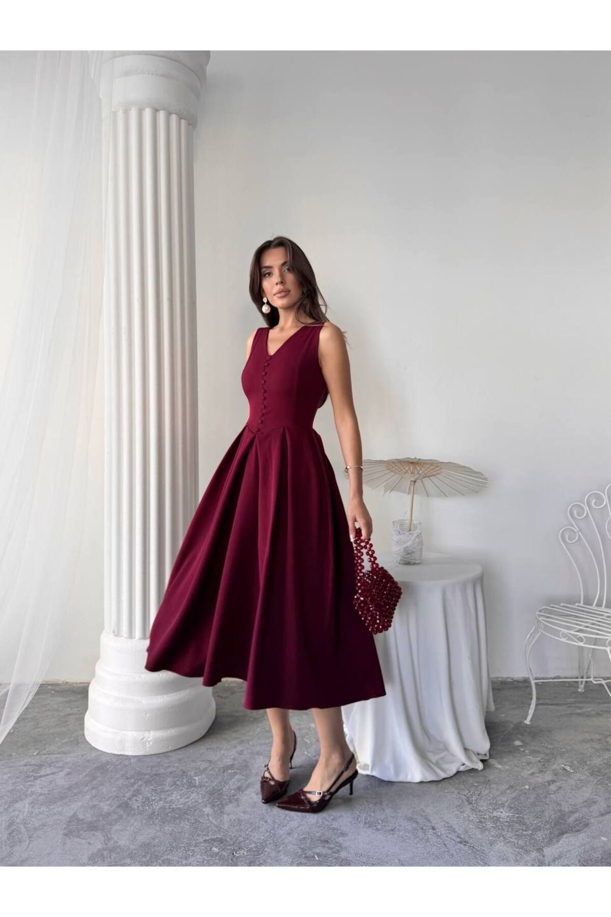 conconmoda Dore Piliseli Düğmeli Midi Elbise