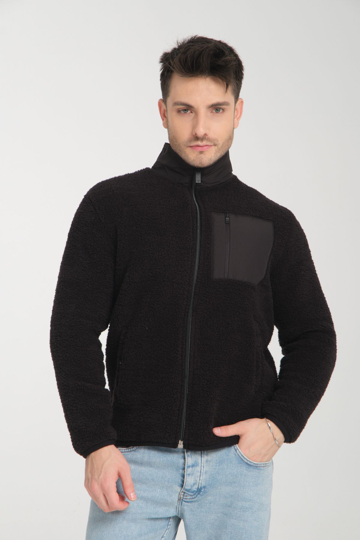Tarz Cool Siyah Fermuarlı Dik Yaka Peluş Sweatshirt