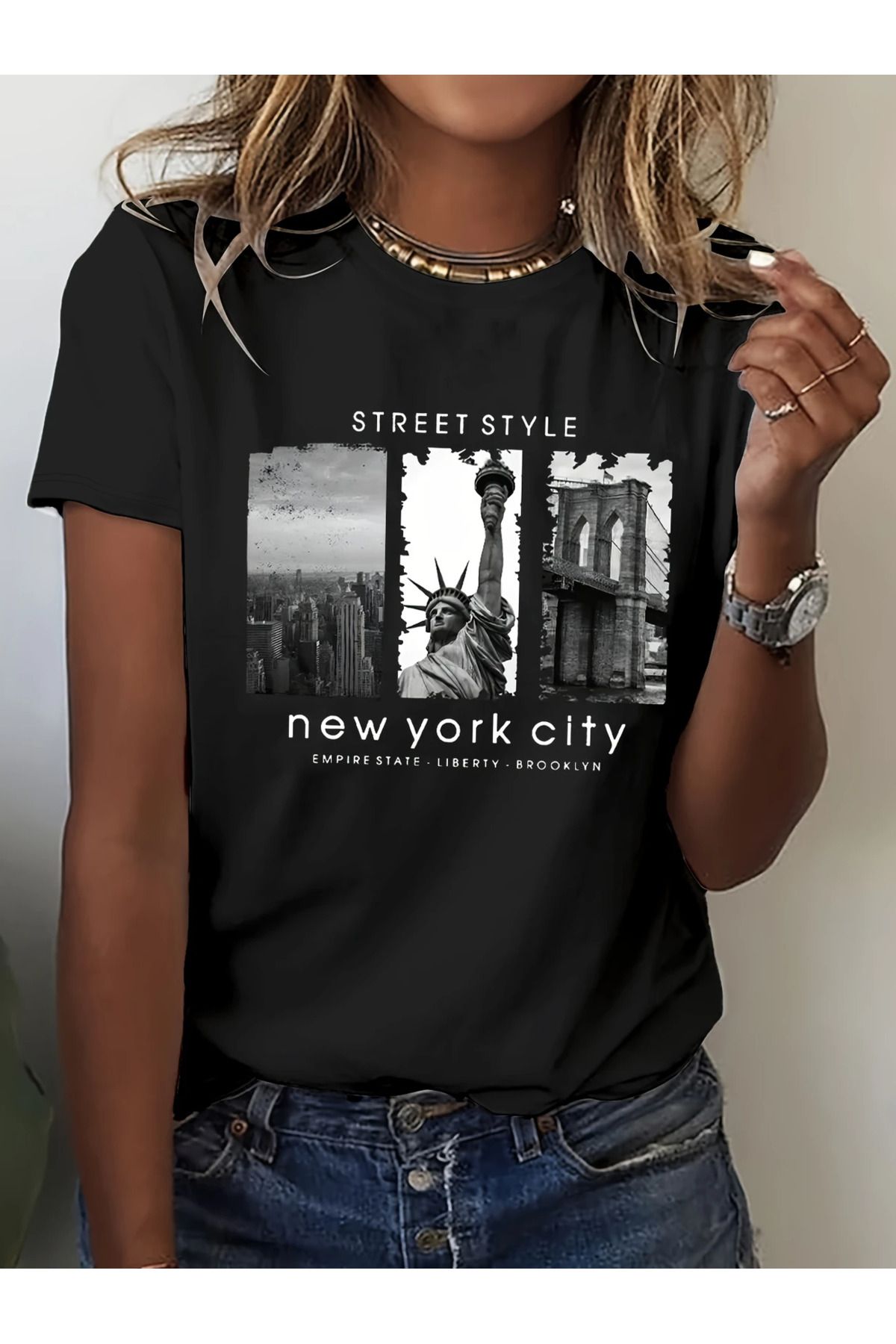 aynewmoda Kadın New York City Baskılı - Özgürlük Heykeli Tasarım Tişört, Rahat Yuvarlak Yaka Uzun Kollu,