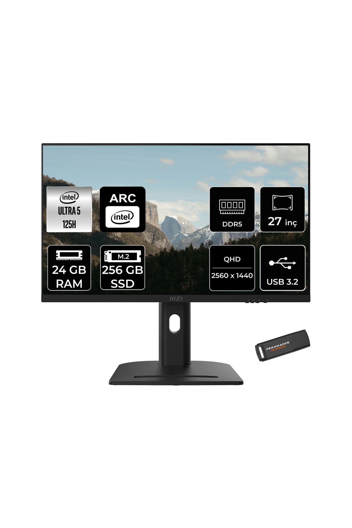 MSI Modern AM273QP AI Ultra 5 125H 24GB 256GB SSD 27" WQHD 100Hz FDOS All in One Bilgisayar & USB