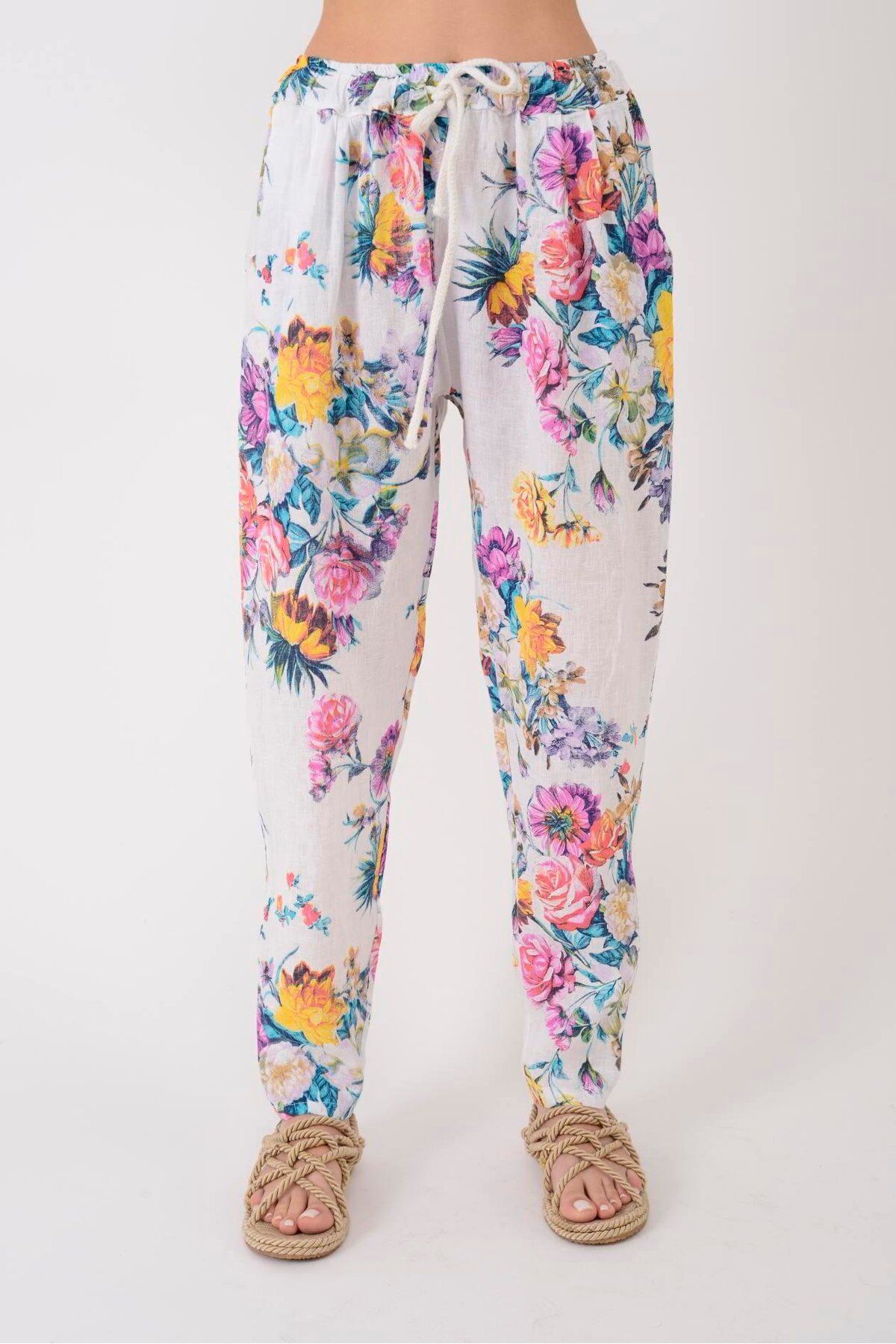 Park Moda BEYAZ ÇİÇEK DESEN HAVUÇ KETEN PANTOLON