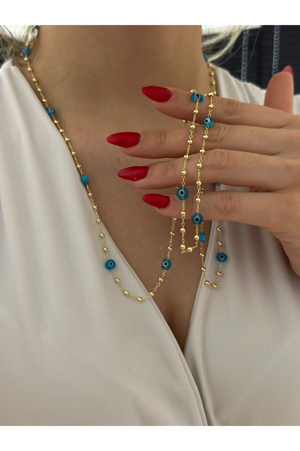 MyladyAccessoriess Topçuk Ve Nazar Boncuk Detay Uzun Dolamalı Çelik Kolye