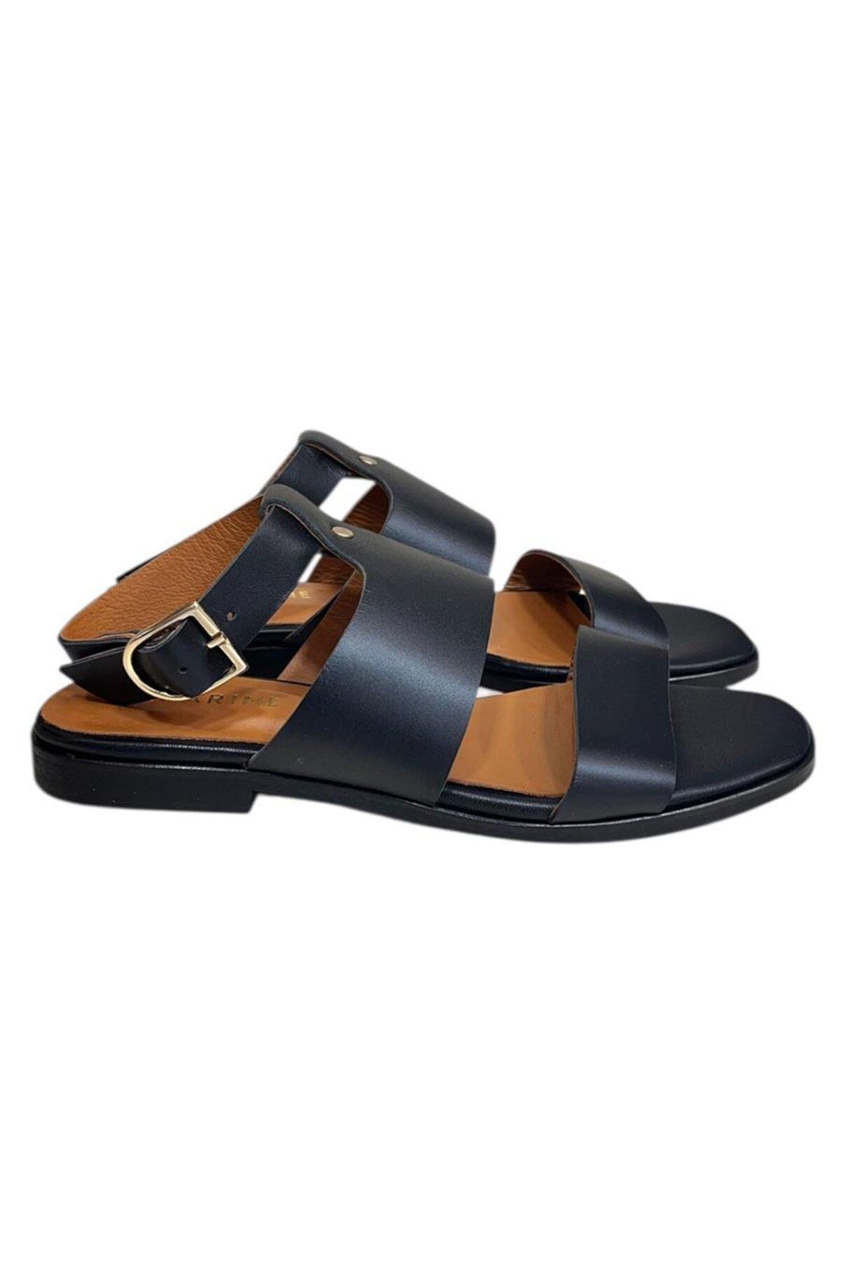 TUFAN SHOES Siyah Hakiki Deri Çift Bant Bilekten Bağlı Bodrum Tarzı Sandalet