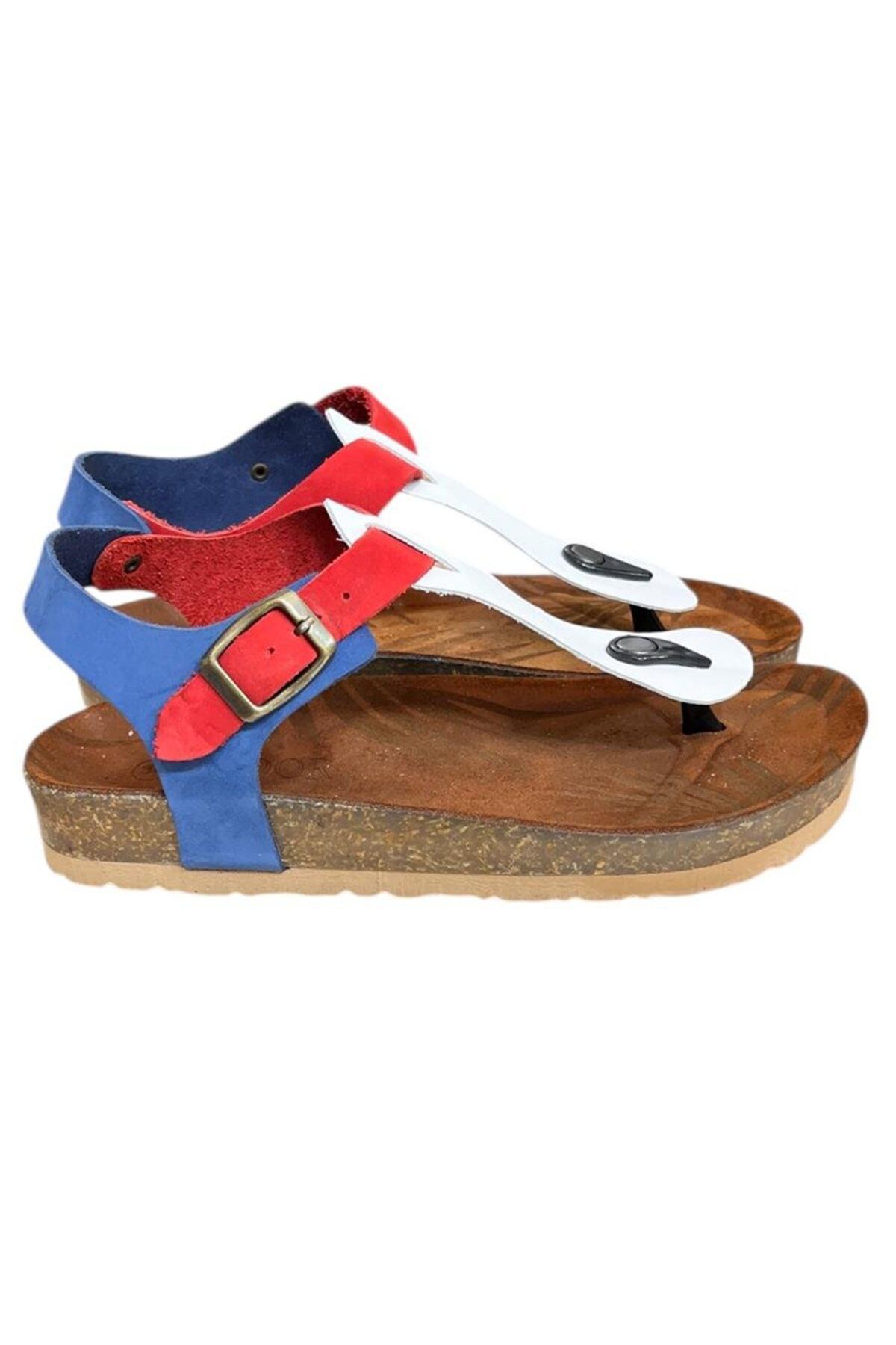 TUFAN SHOES Beyaz Multi Hakiki Deri Parmak Arası Mantar Taban Tokalı Sandalet