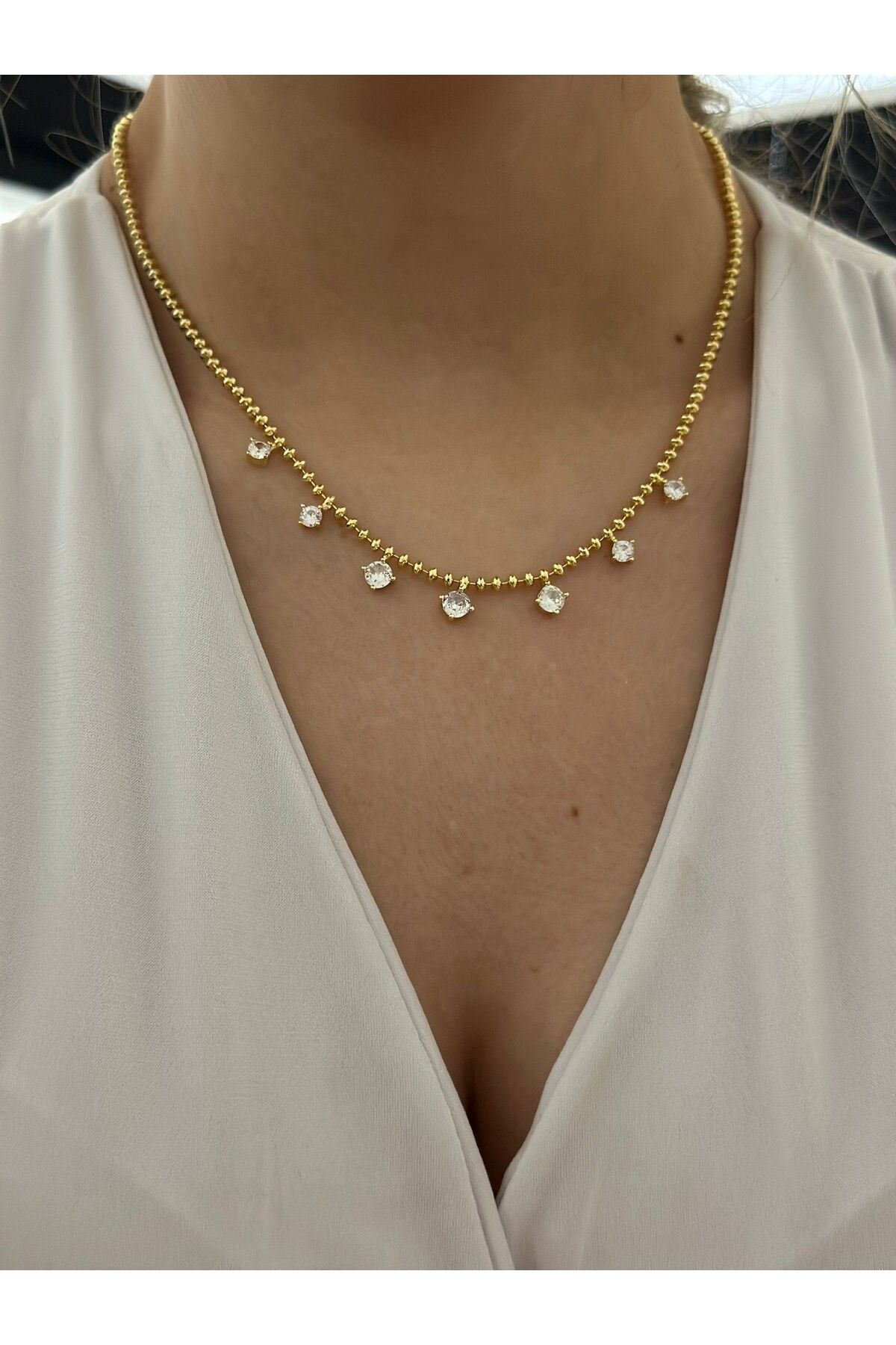 MyladyAccessoriess Tek Taş Detay Topçuk Zincir Detay Çelik Kolye