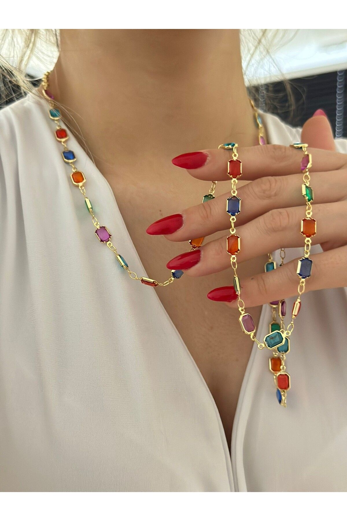 MyladyAccessoriess Renkli Kare Kesim Uzun Dolamalı Çelik Kolye