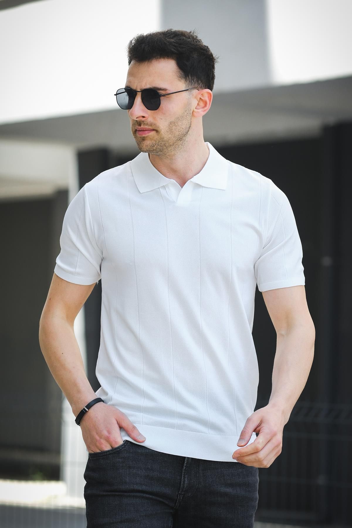 since 1990 man Manquentin Çizgili Likralı Slim Fit Polo Yaka Örme Erkek Triko Tshirt