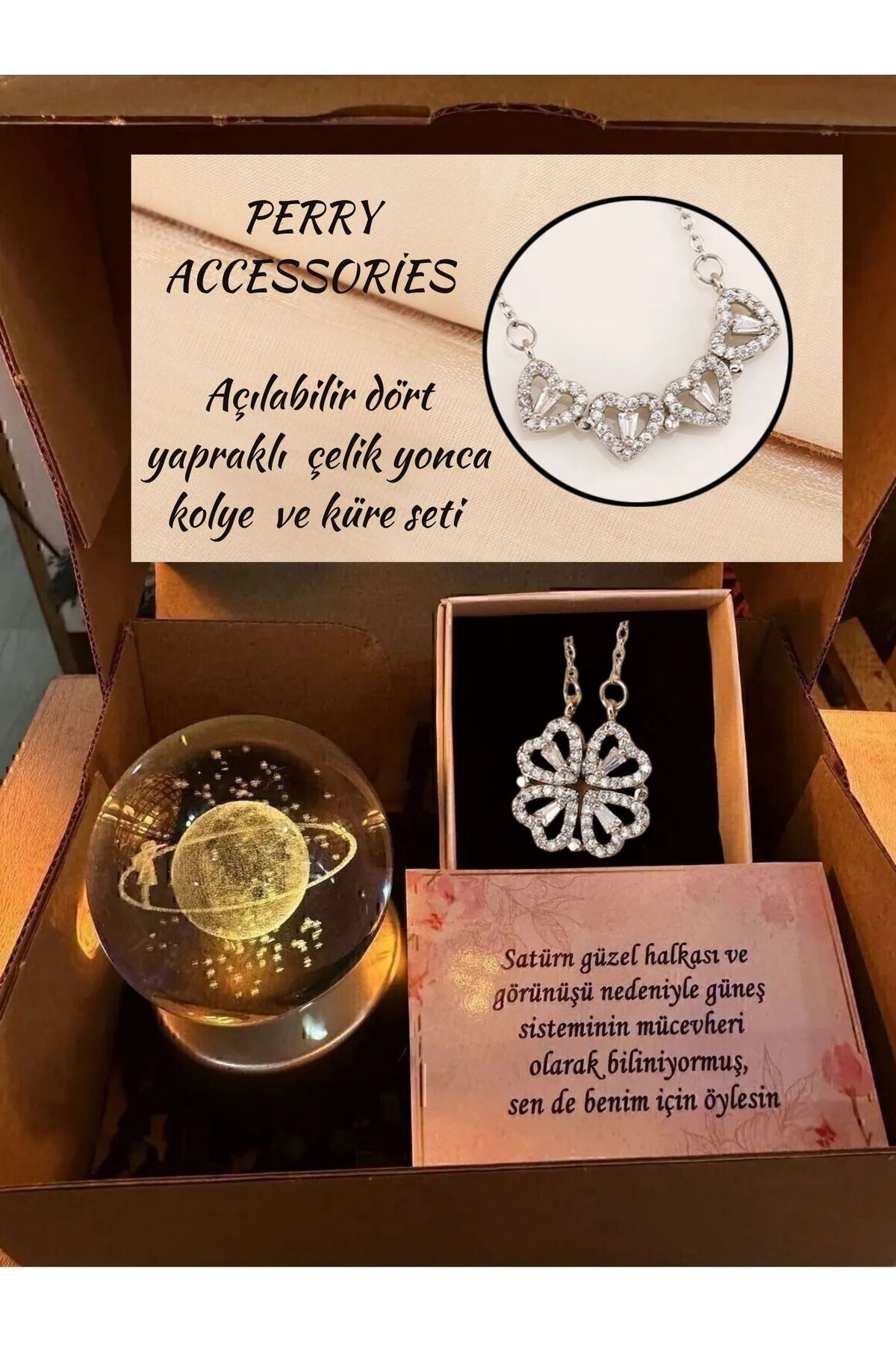 Perry Accesories kararmaz çelik AÇILABİLİR YONCA kolye ve 3d satürn kız kar küresi hediye seti sevgiliye hediye