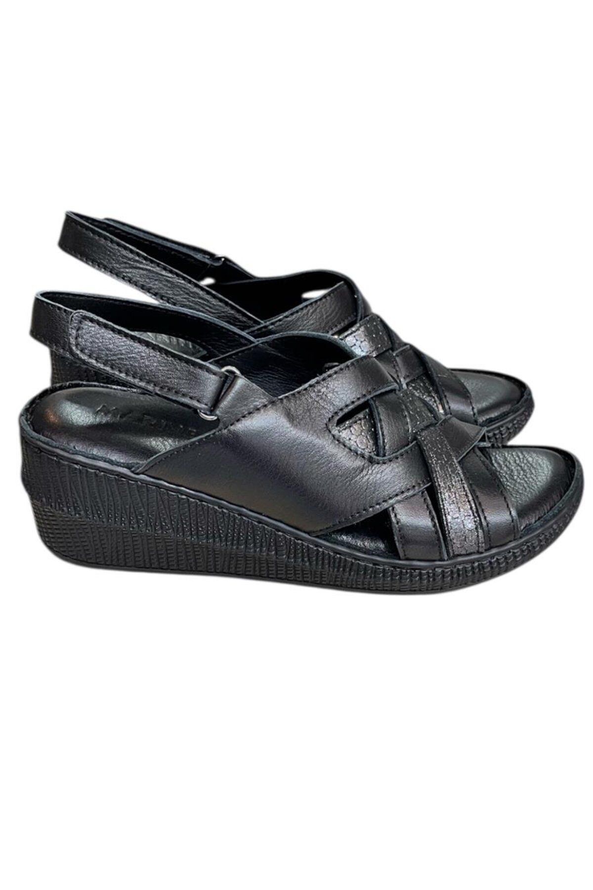 TUFAN SHOES Siyah Hakiki Deri Çapraz Bantlı Puf Taban Hafif Comfort Sandalet