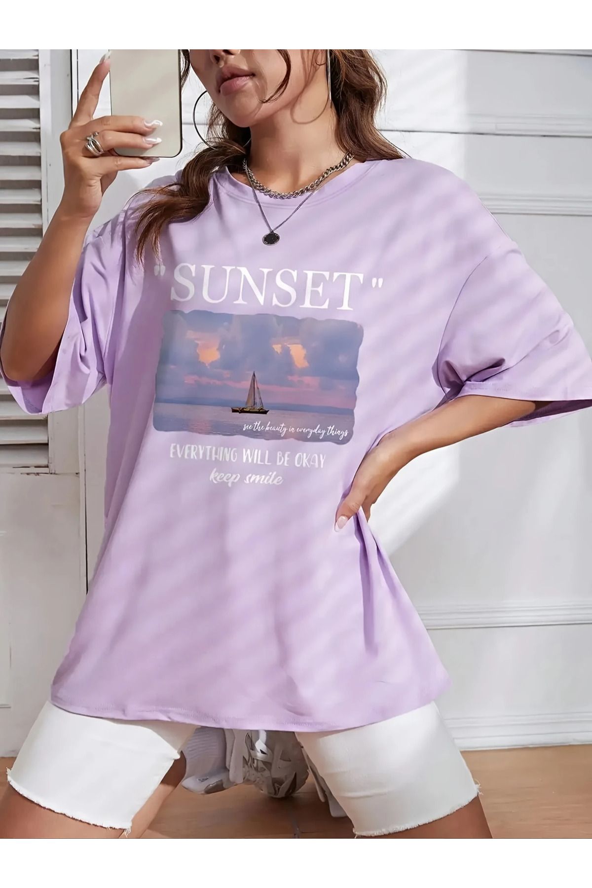 aynewmoda Kadın Kısa Kollu Günlük Giyim Tişörtü - Geometrik Gün Batımı Desenli,