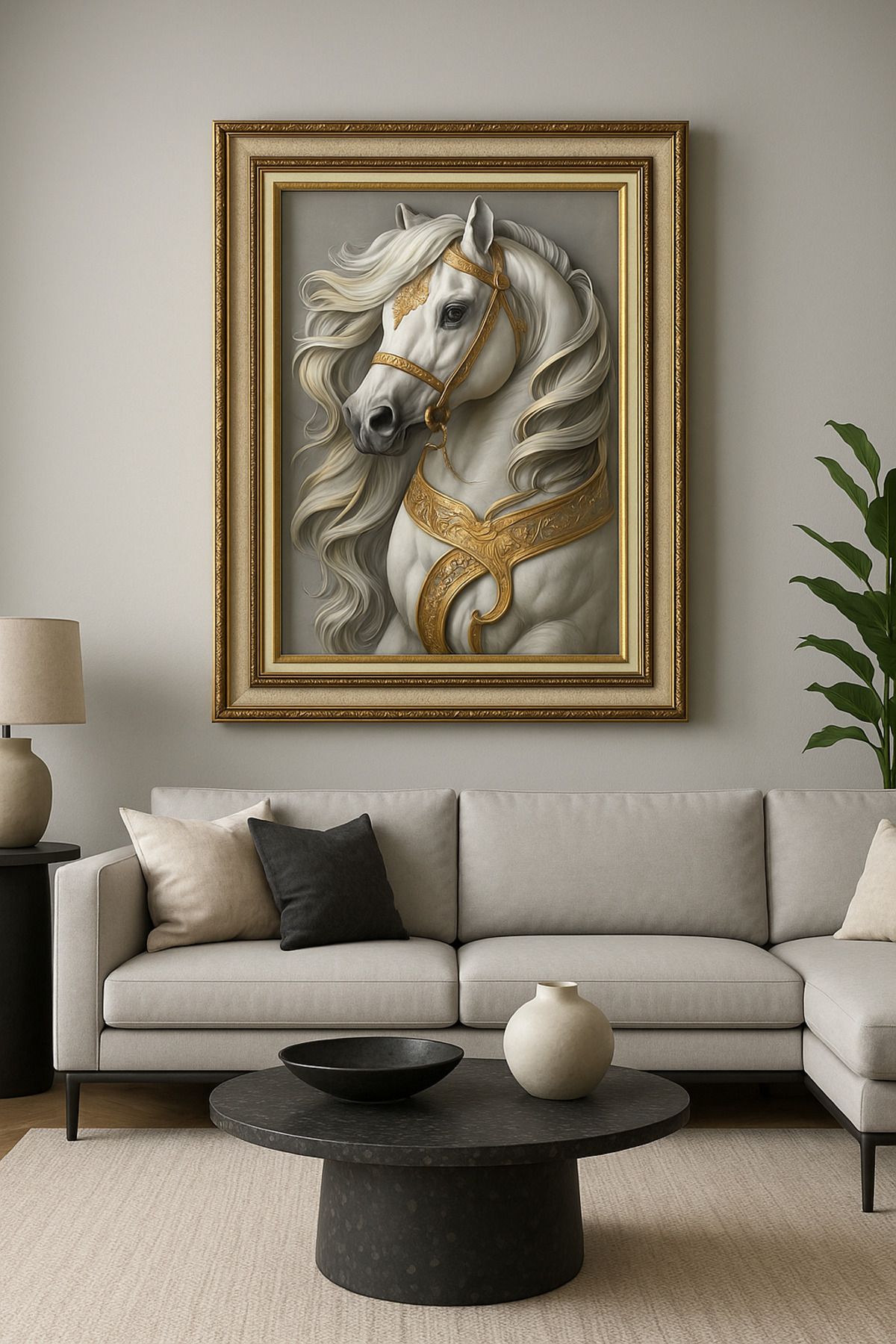 Mareluxe Gold Detaylı Cam 3D Rölyef At Tablo | Lüks Dekoratif Duvar Sanatı | Şık Çerçeveli Modern Tasarım