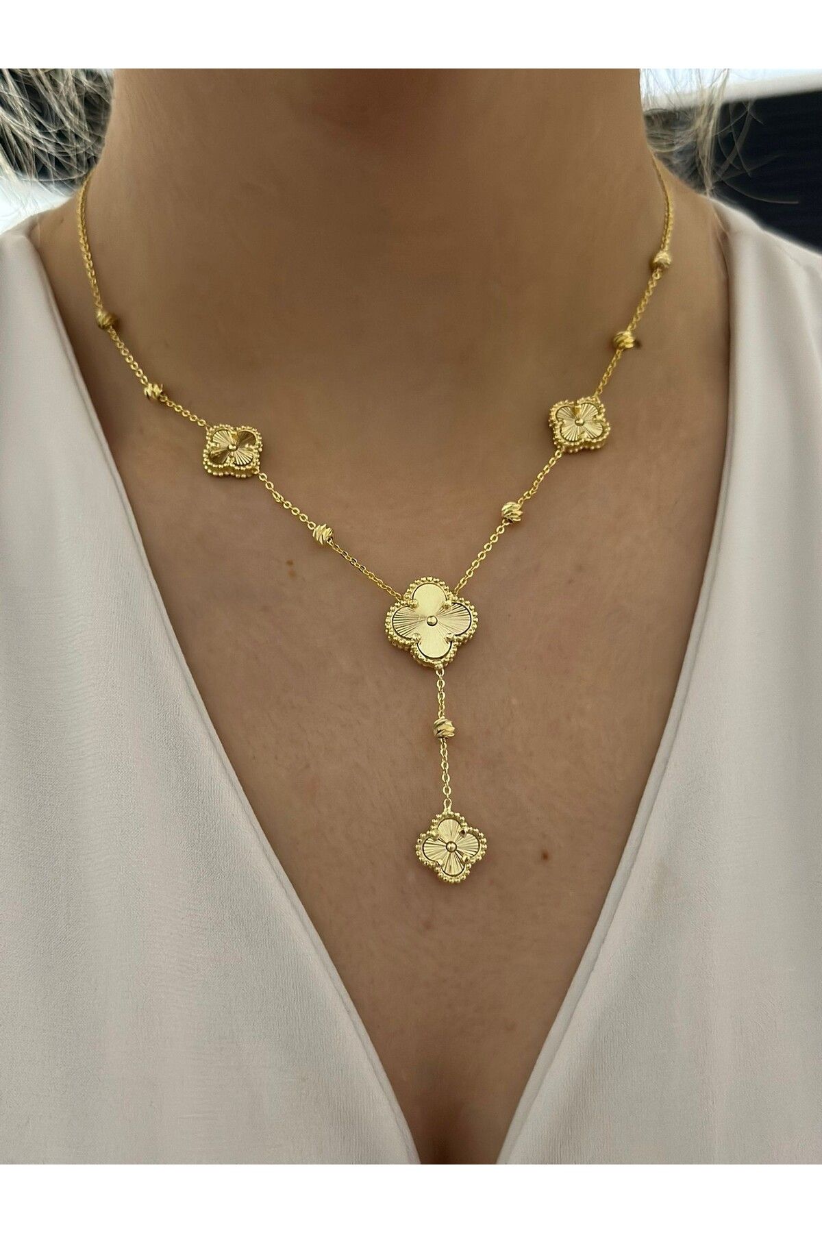 MyladyAccessoriess Büyüklü Küçüklü Yonca Detay Çelik Kolye