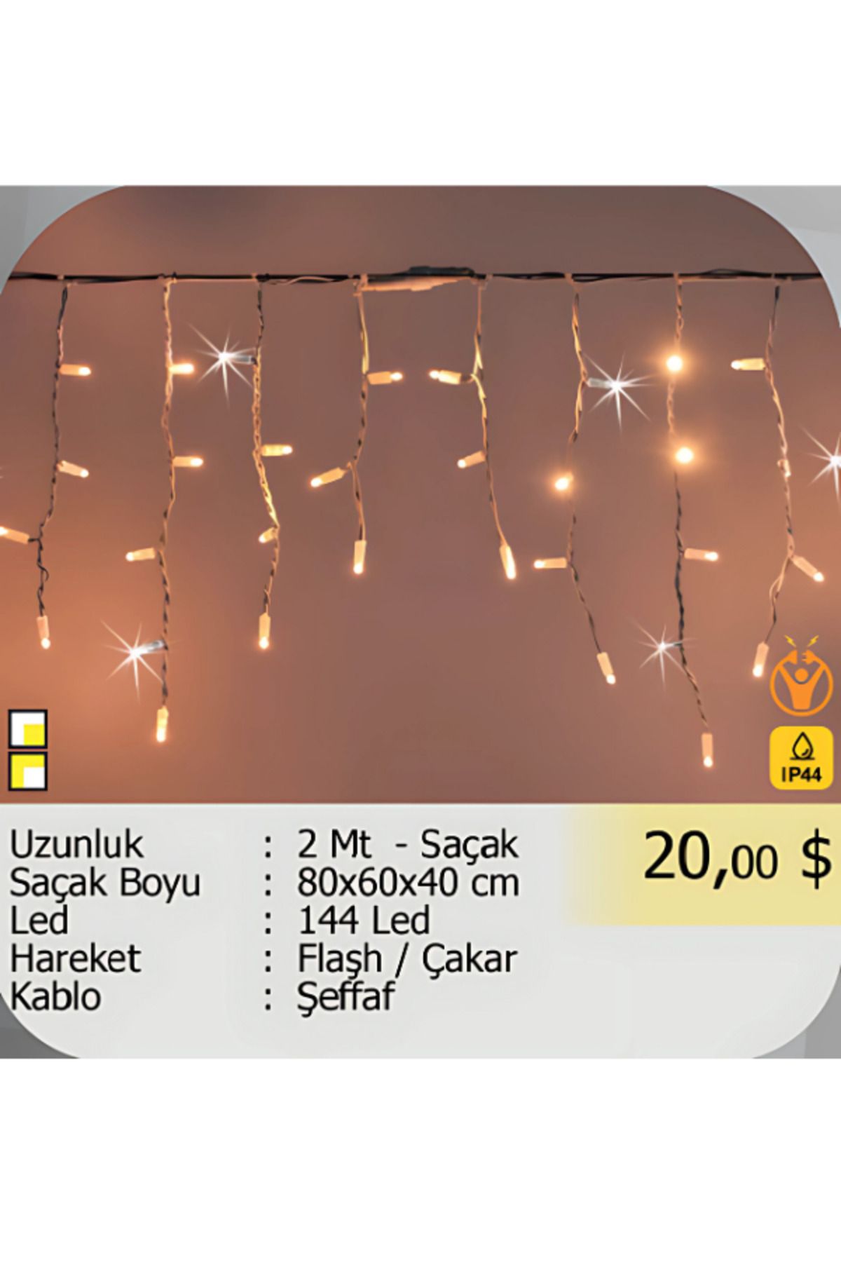 ELKHOUSE ElektrikHouse LED Peri Işığı 144 Led Animasyonlu - 2 Metre Saçak Flaşh / Çakar - 80x60x40 cm