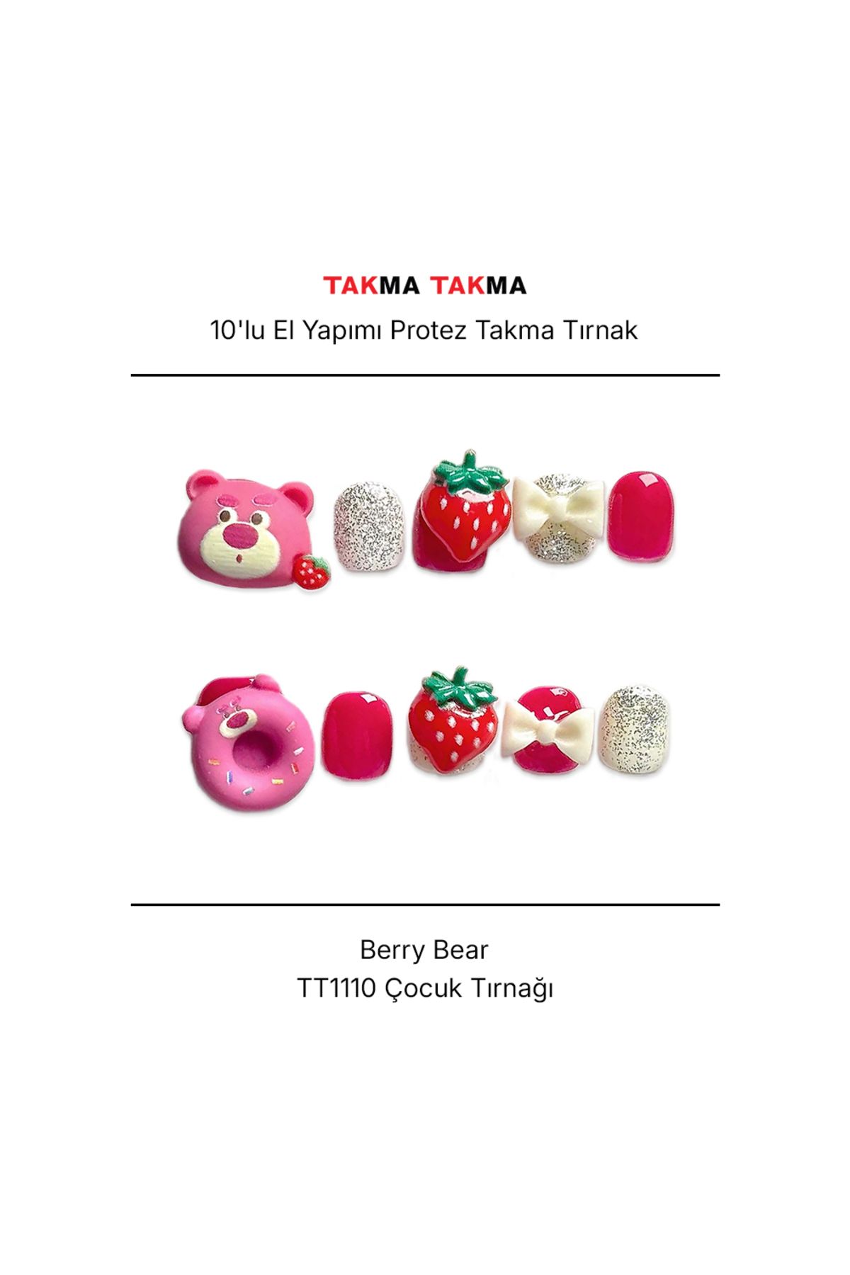 Takma Takma Tekrar Kullanılabilir El Yapımı Protez Çocuk Takma Tırnak- Berry Bear - 10'lu TT1110 L-Pembe