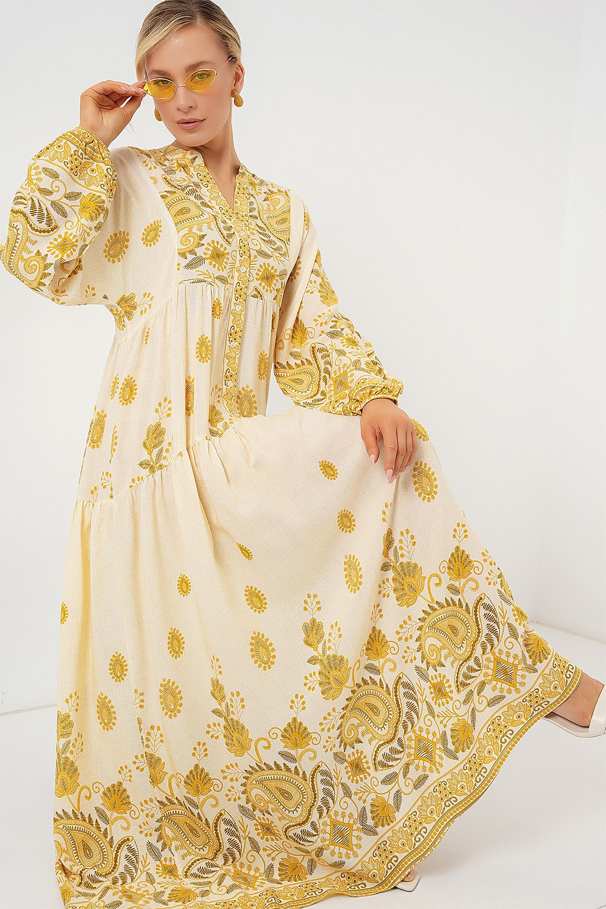 Bigdart-2423 Authentic Patterned Hijab Dress - Y.Yellow 2