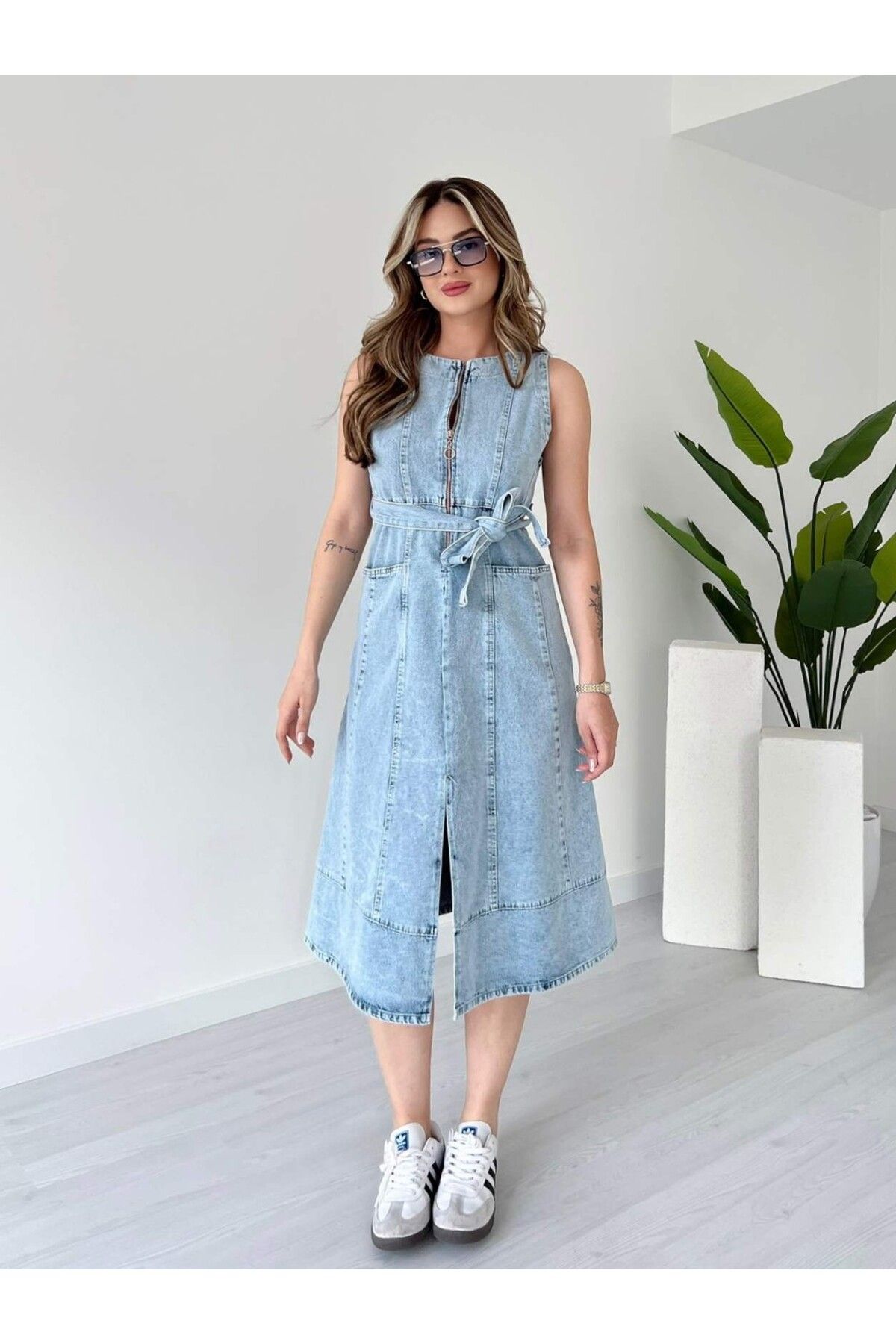 tiamoda Yaka Fermuarlı Denim Elbise