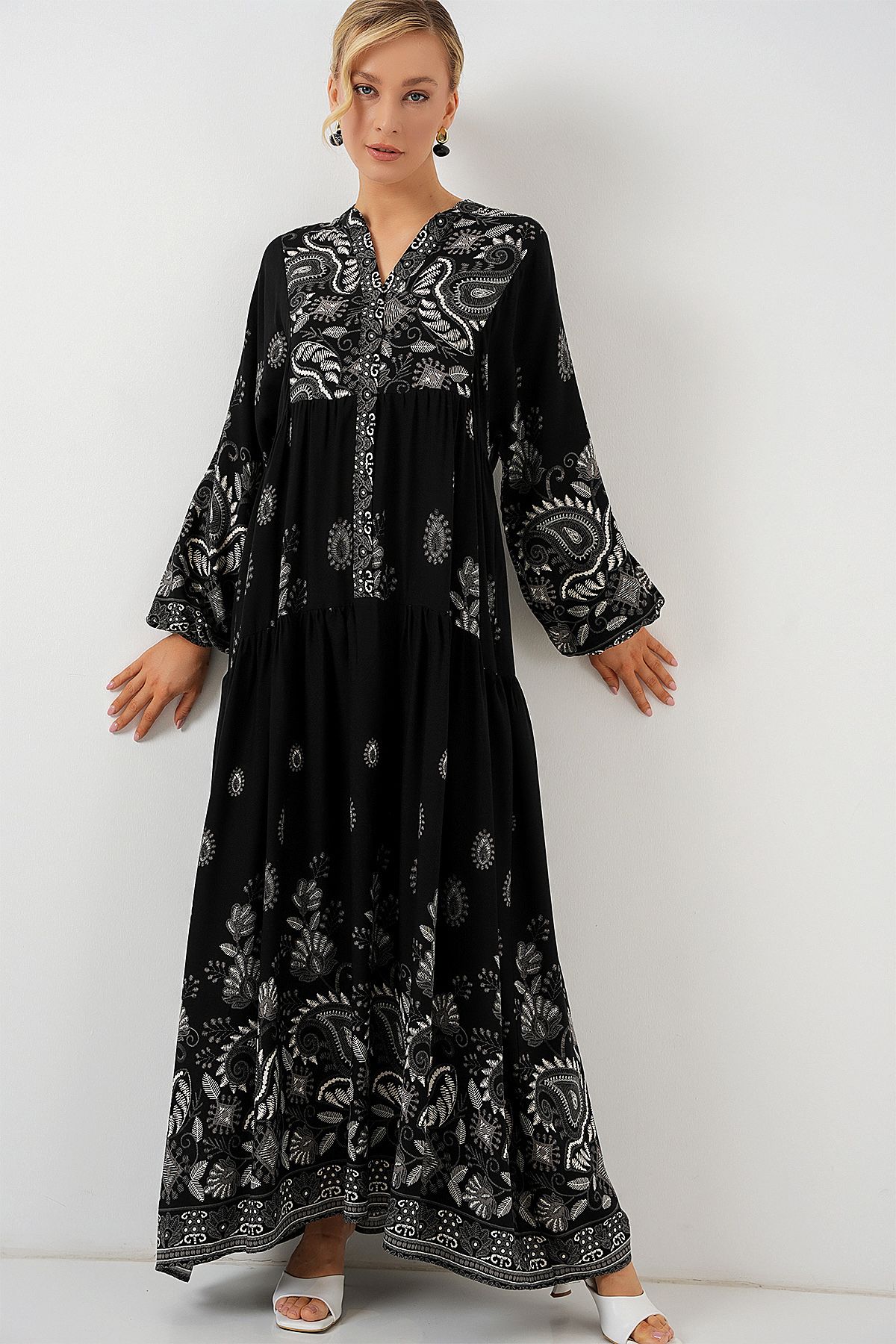 Bigdart-2423 Rochie Hijab cu model autentic - Negru - Alb 1 3