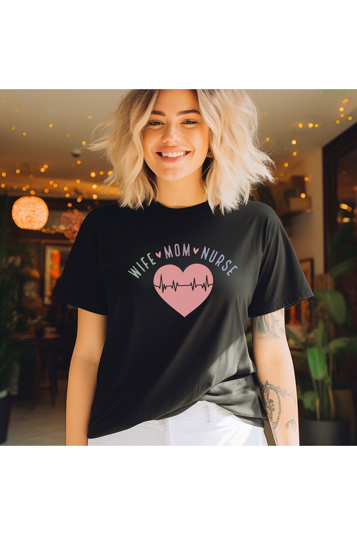 giftkonsept Wife Mom Nurse Hemşire Hediyelik %100 Pamuklu Regular Siyah Tişört