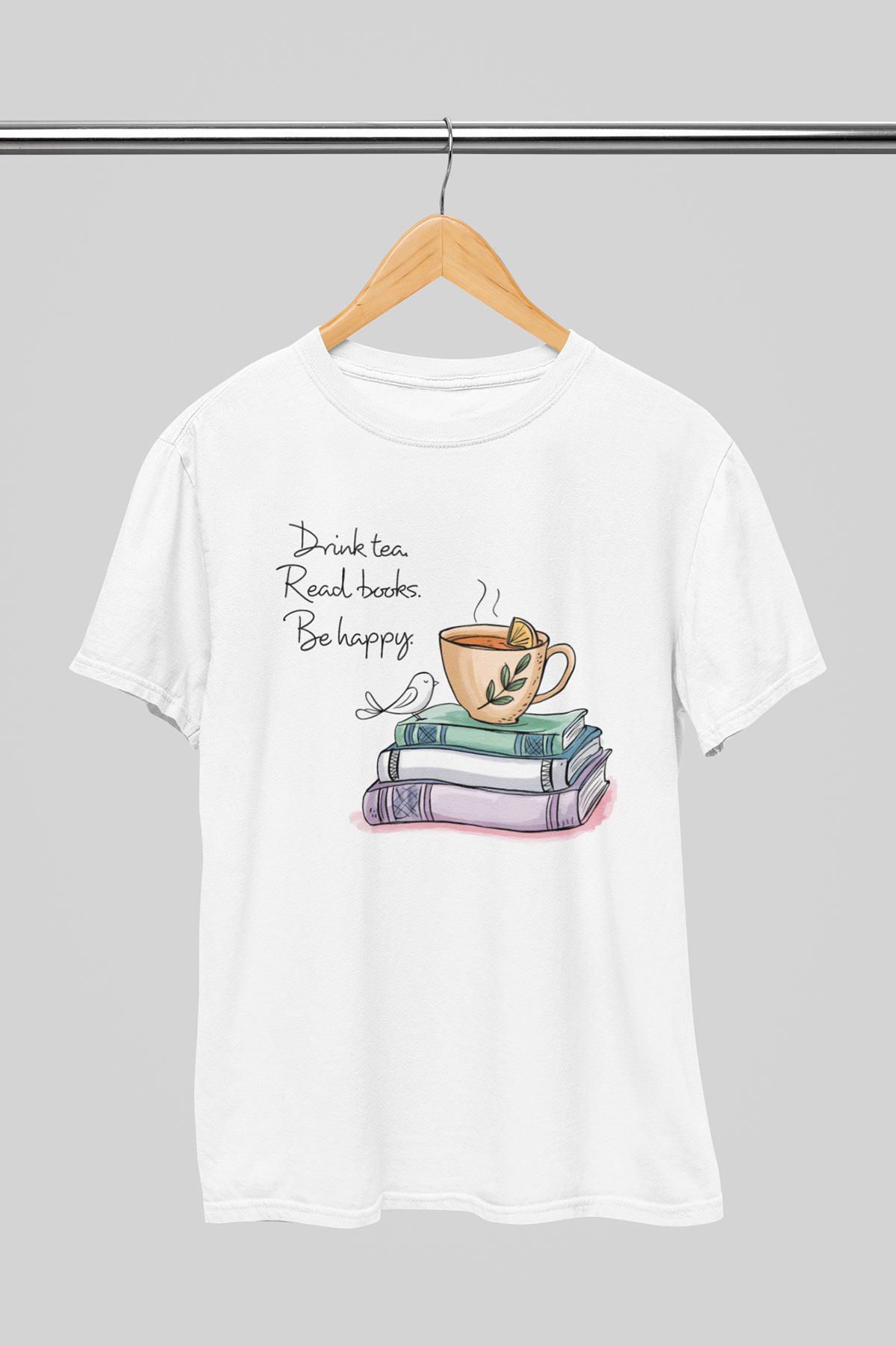 giftkonsept Drink Tea Read Books Be Happy Vintage Kitap Hediyelik %100 Pamuklu Regular Beyaz Tişört
