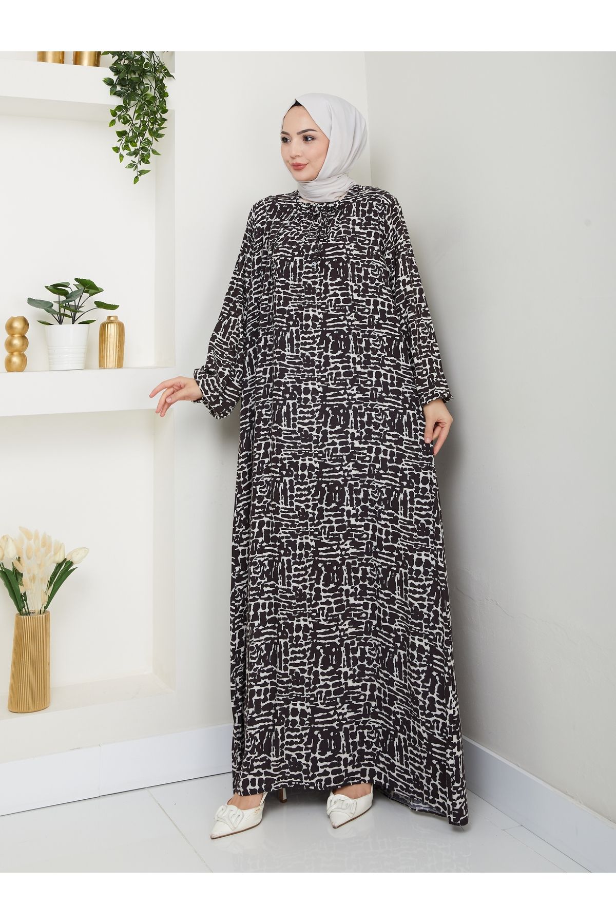 Nevayla Moda Önü Büzgülü Viskon Elbise - Kahverengi / E0130
