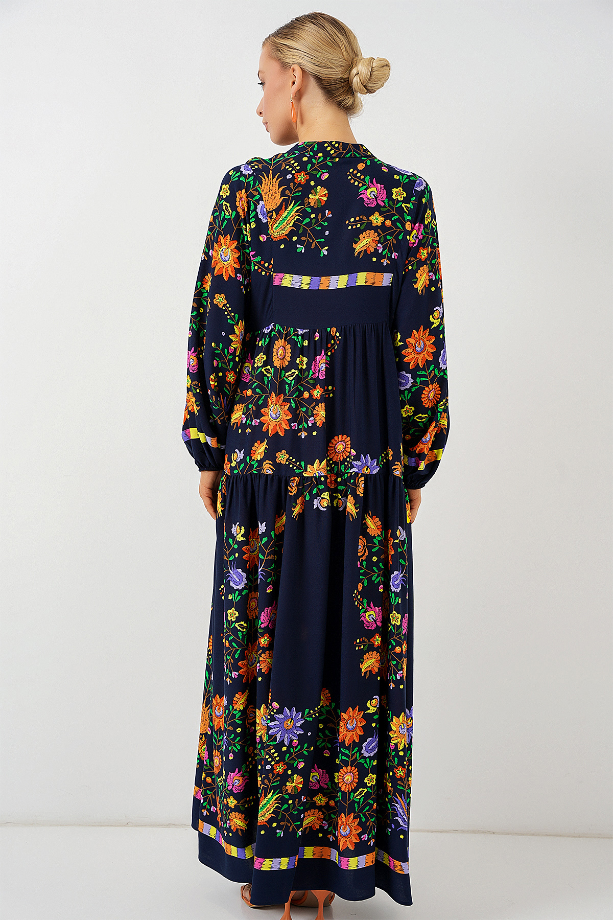 Bigdart  2423 Otantik Desenli Tesettür Elbise - Düz Lacivert - Görsel 6