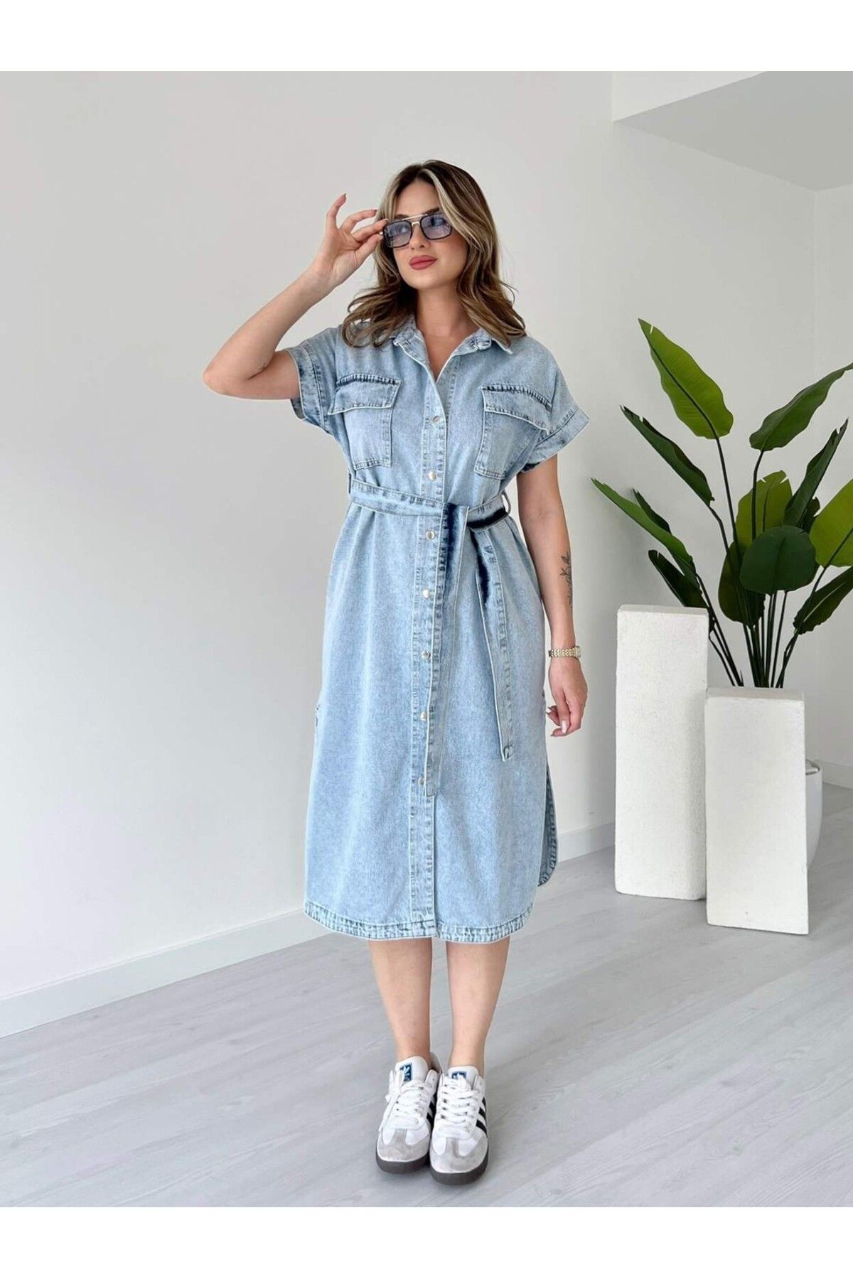 tiamoda Kar Yıkama Çıtçıtlı Midi Denim Elbise