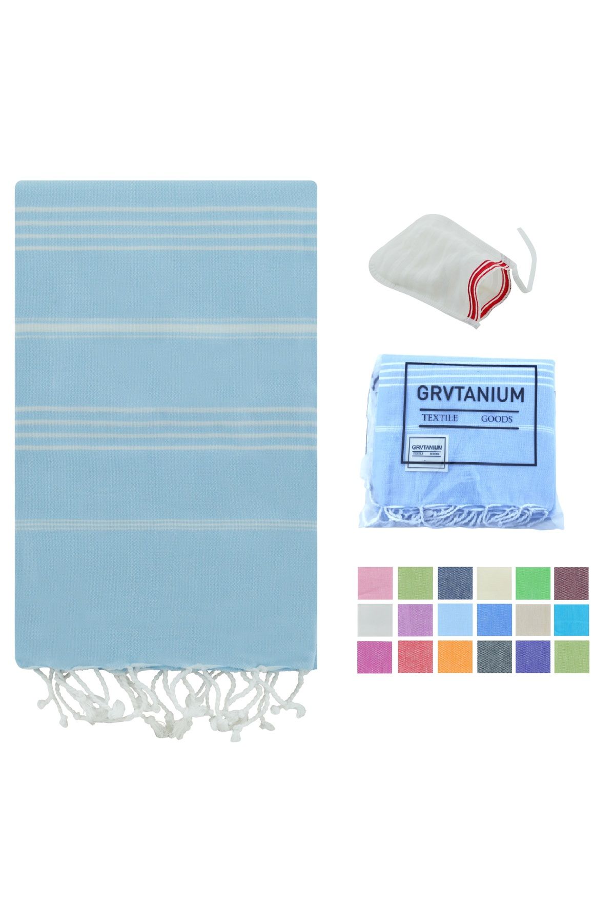 HitDukkan GRVTANIUM Açık Mavi %100 Pamuk 180x100cm Peştemal Püsküllü Banyo,Plaj,Hamam Havlusu Kese Hediyeli M2