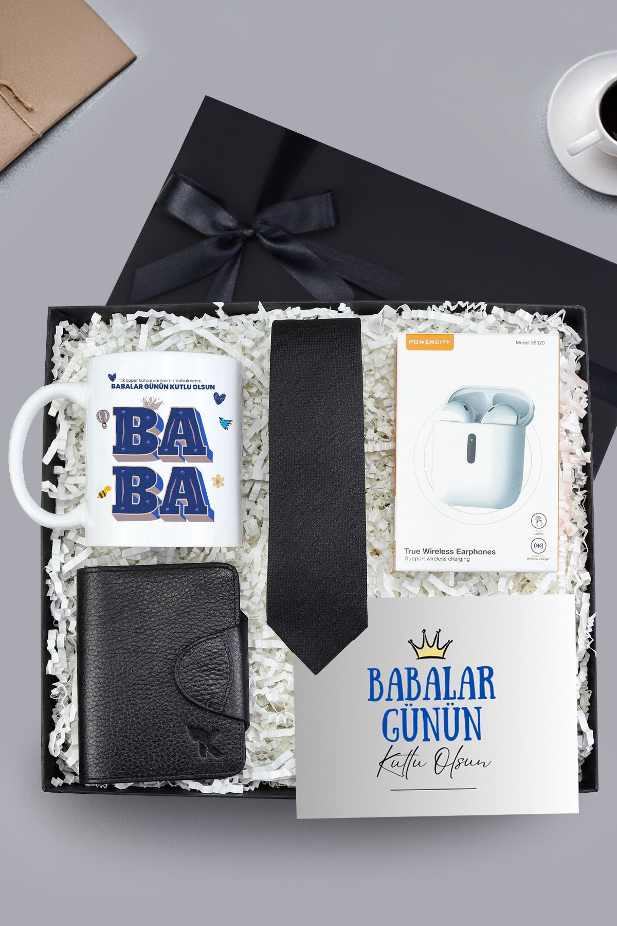 Trendmiya Kravat & Kulaklık & Deri Cüzdan & Bardak Babalar Günü Hediye Seti