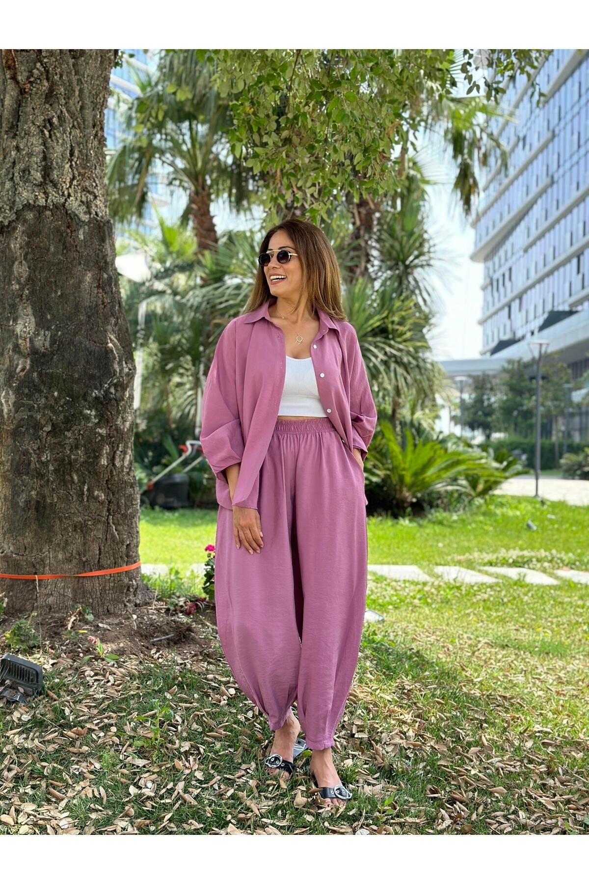 Forlady Butik Leylak Truvakar Kol Gömlek Balon Pantolon Kadın Tnsel Alt Üst Takım