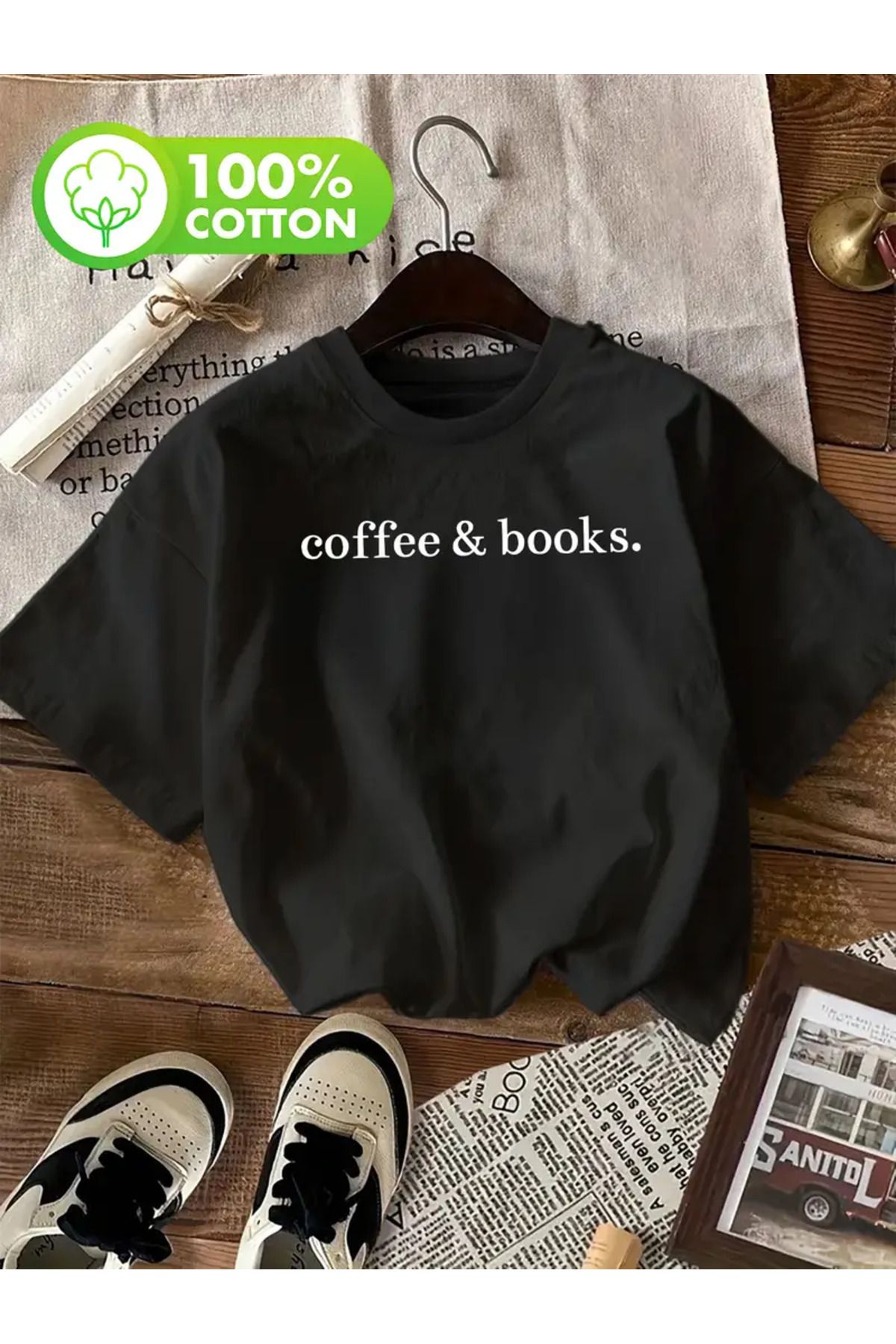 AEMİ Unisex Coffee & Books Baskılı Oversize Bisiklet Yaka T-shirt