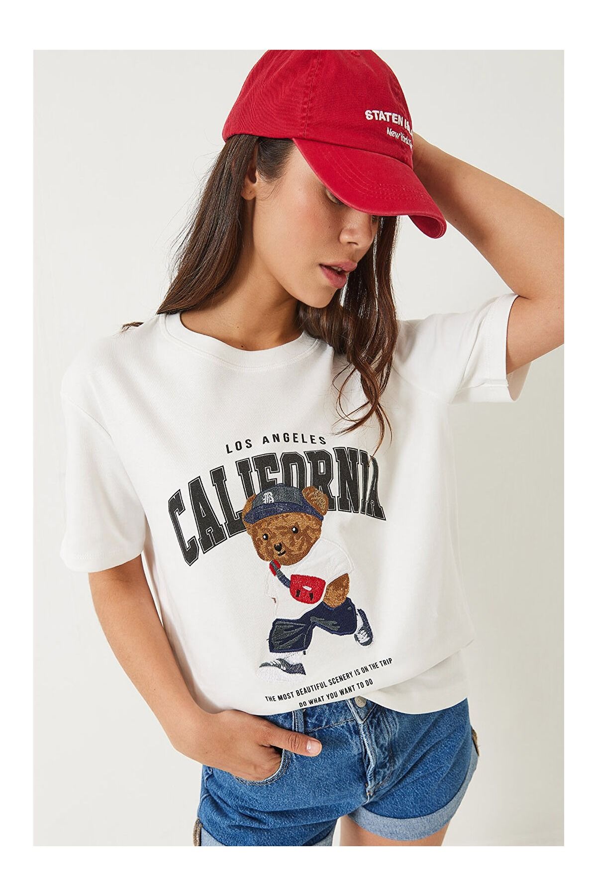 ELLA'S Bisiklet Yaka California Los Angeles Teddy Baskılı Oversize T-Shirt