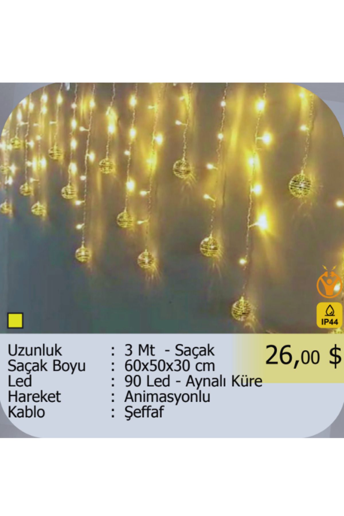 ELKHOUSE ElektrikHouse LED Peri Işığı 90 Led - Aynalı Küre Animasyonlu - 3 Metre Saçak 60x50x30 cm