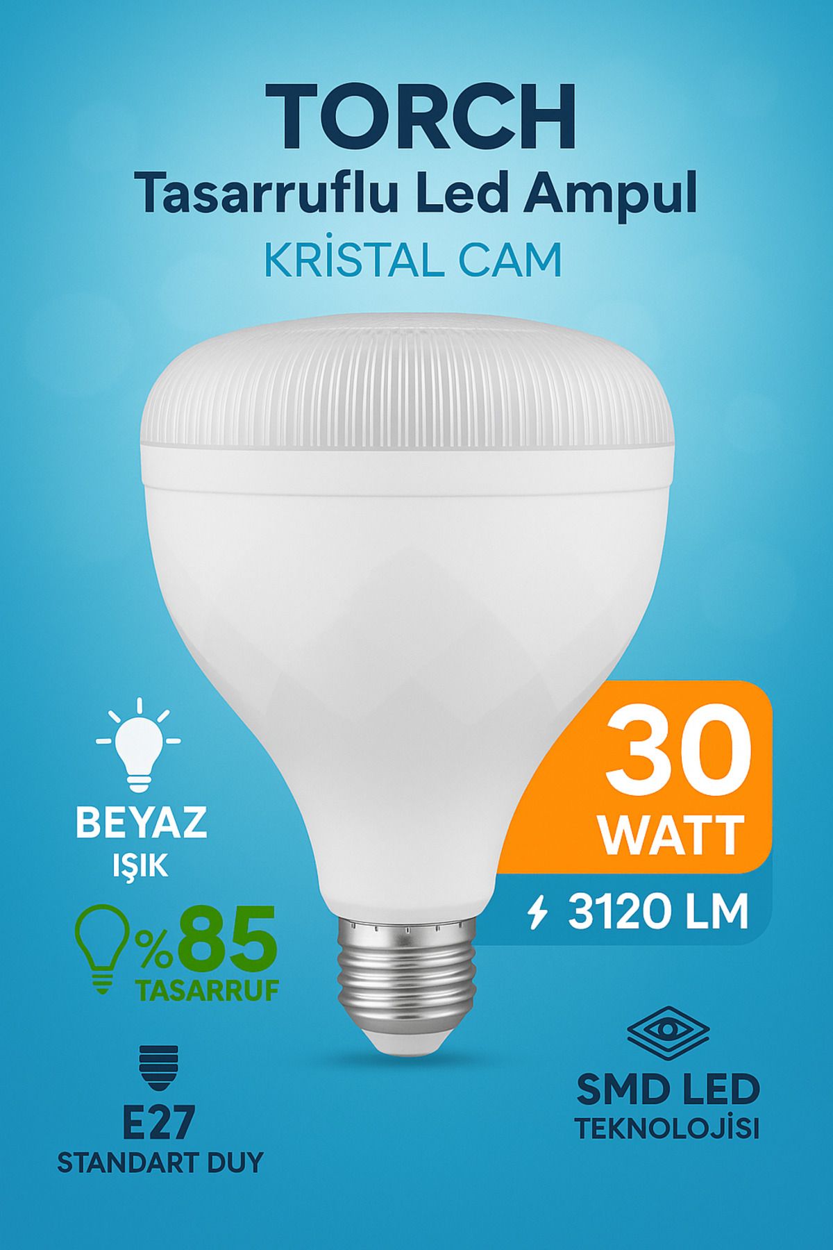 ANI OFİS KIRTASİYE A K Kristal Cam 6400K Led Ampul 30W - E27 Duy, Beyaz Işık, 3120LM %85 Tasarruf - YÜKSEK LÜMEN