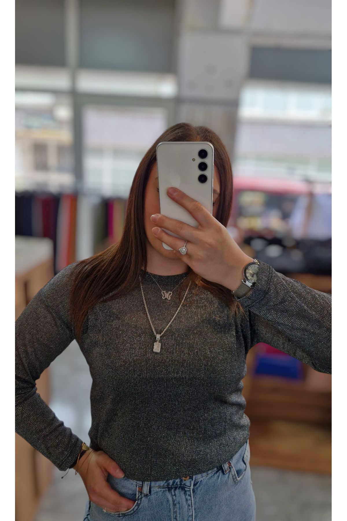 Bluebutik Gri simli ince bluz