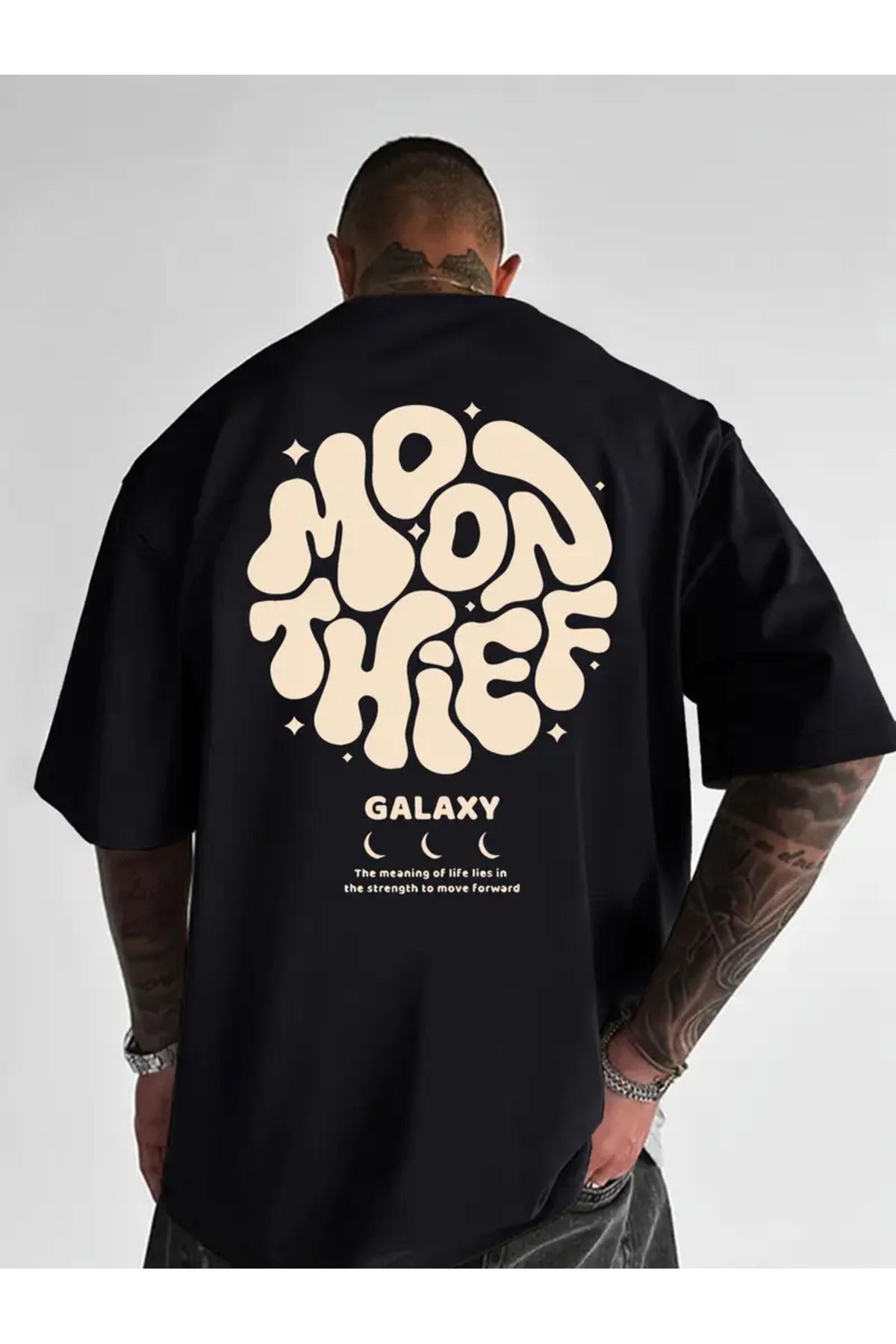 AEMİ Unisex Galaxy Moon Thief Baskılı Oversize Bisiklet Yaka T-shirt