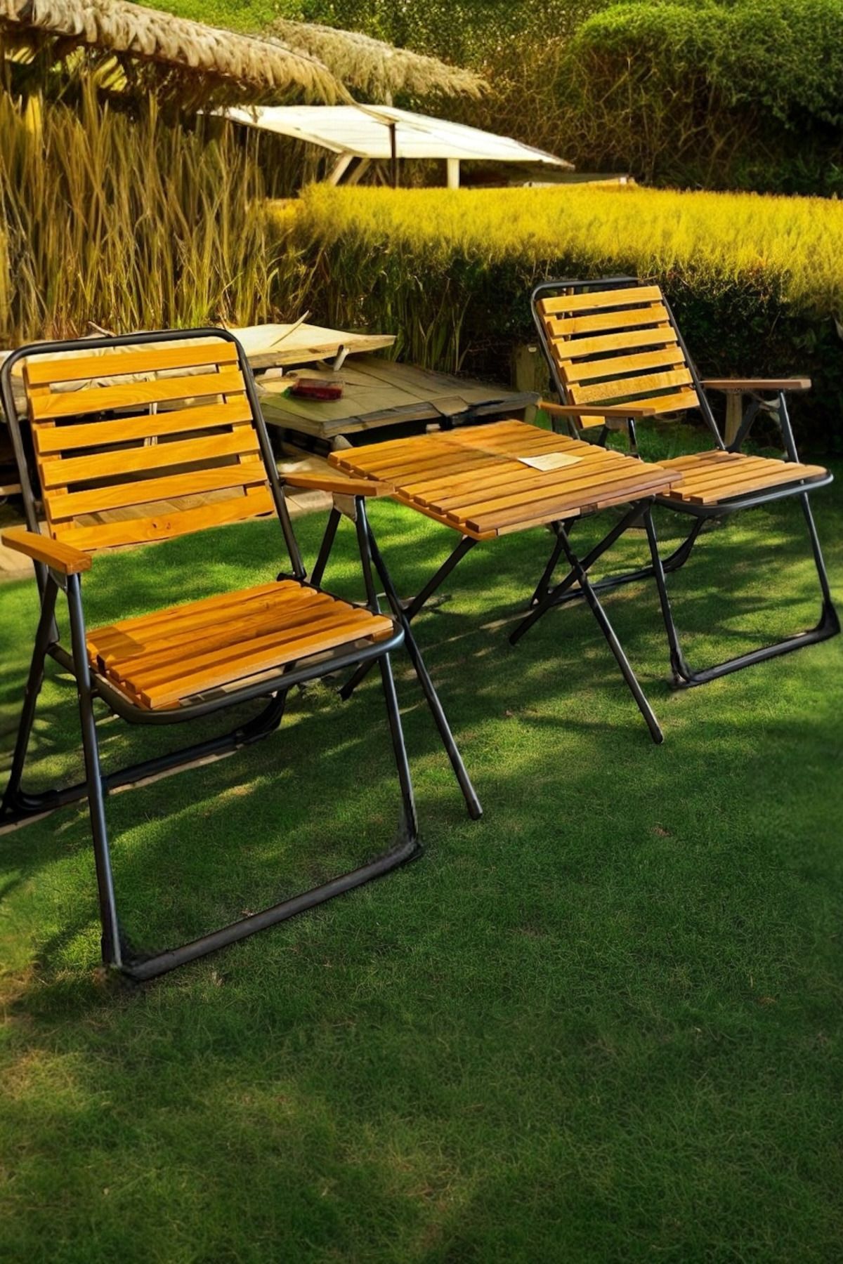 onehediye Deluxe Metal Ahşap Katlanır Bistro Bahçe Balkon Kamp Katlanır Sandaliye Masa Seti