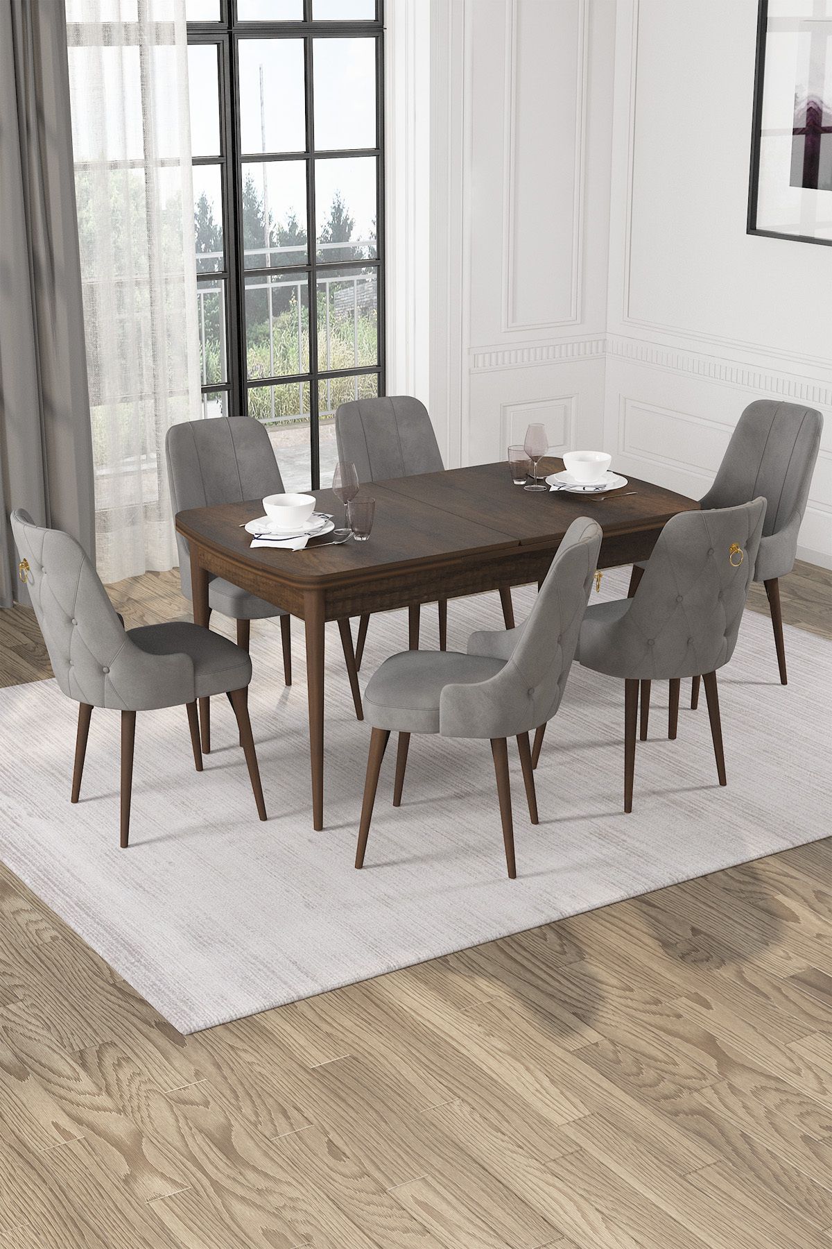 Hira Wessa Serisi 80x132 Açılabilir MDF Barok Ahşap Desen Masa Takımı 6 Gri Sandalye
