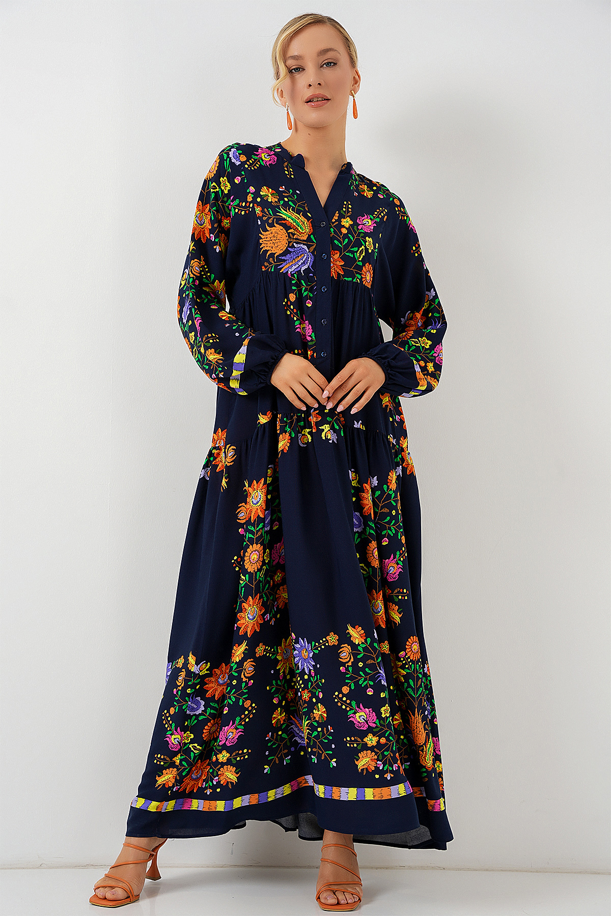 Bigdart  2423 Otantik Desenli Tesettür Elbise - Düz Lacivert