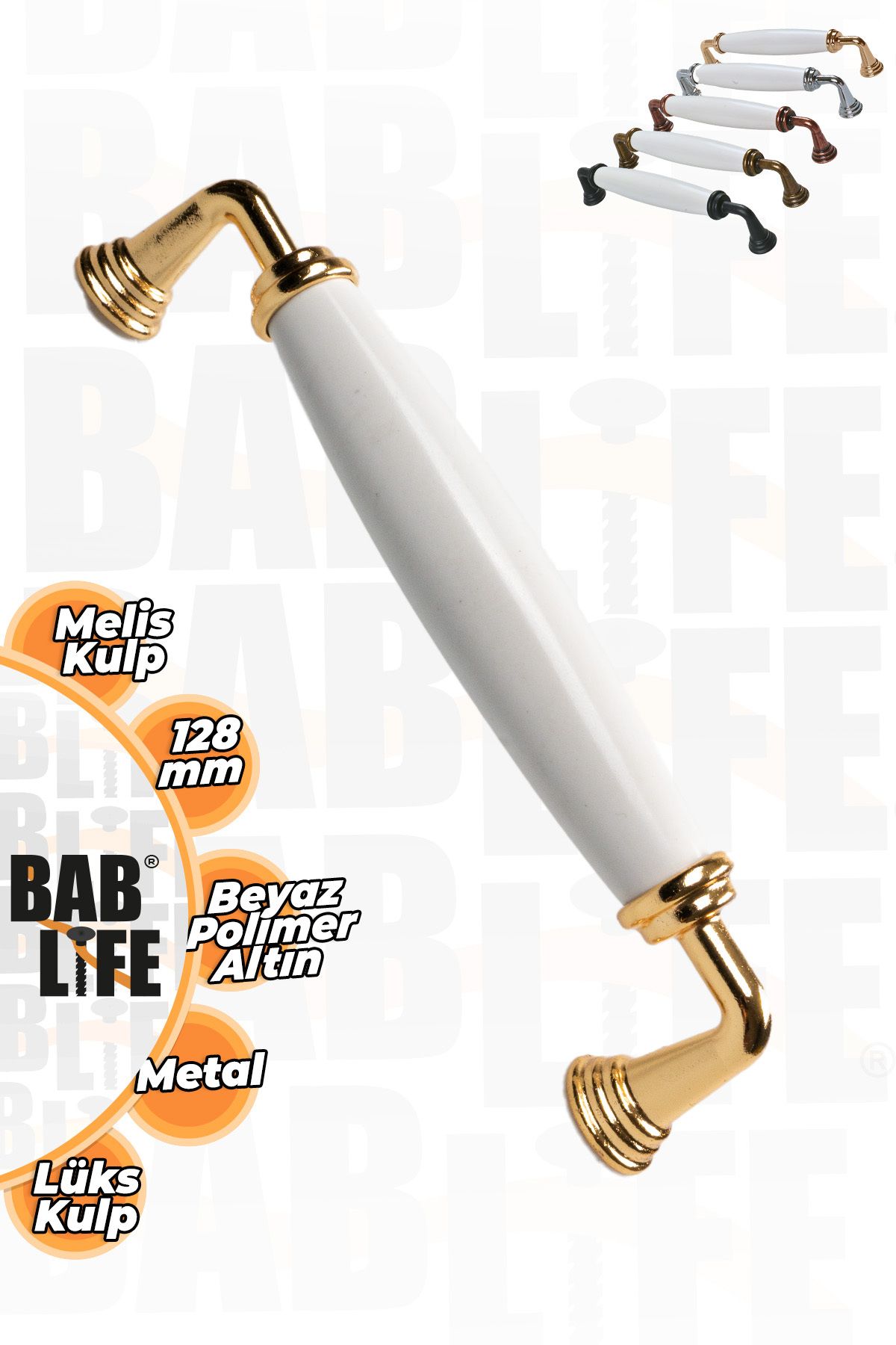 bablife Melis 128mm Porselen Görünümlü Düz Beyaz Altın Lüks Modern Çekmece Dolap Vestiyer Mobilya Kulpları