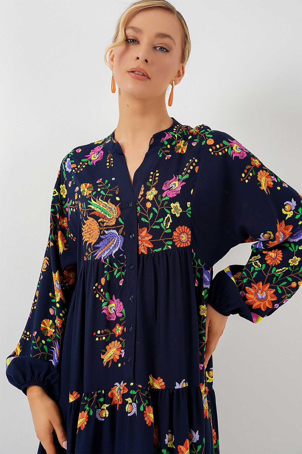 Bigdart  2423 Otantik Desenli Tesettür Elbise - Düz Lacivert - Görsel 4