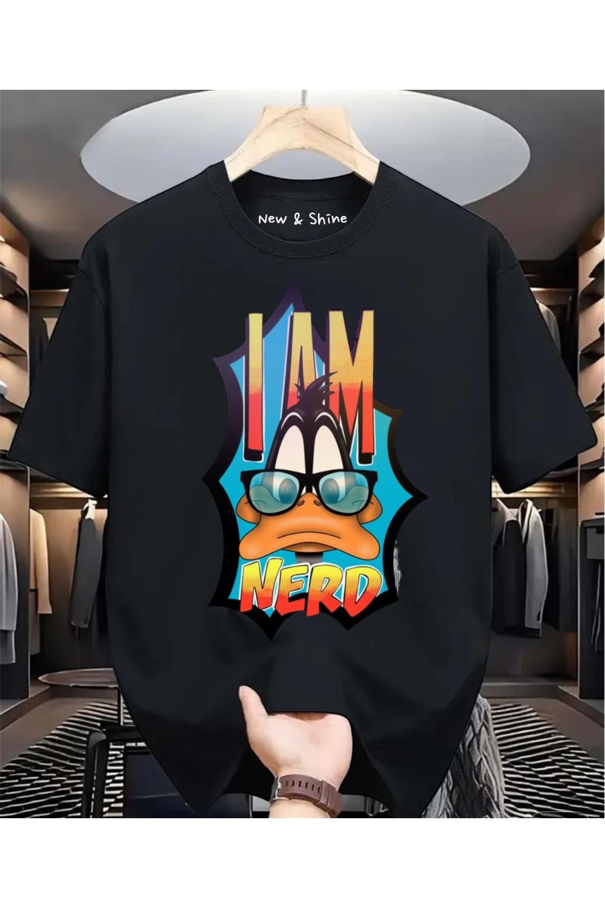 New Shine I'm Nerd Duffy Duck Baskılı Oversize T-Shirt
