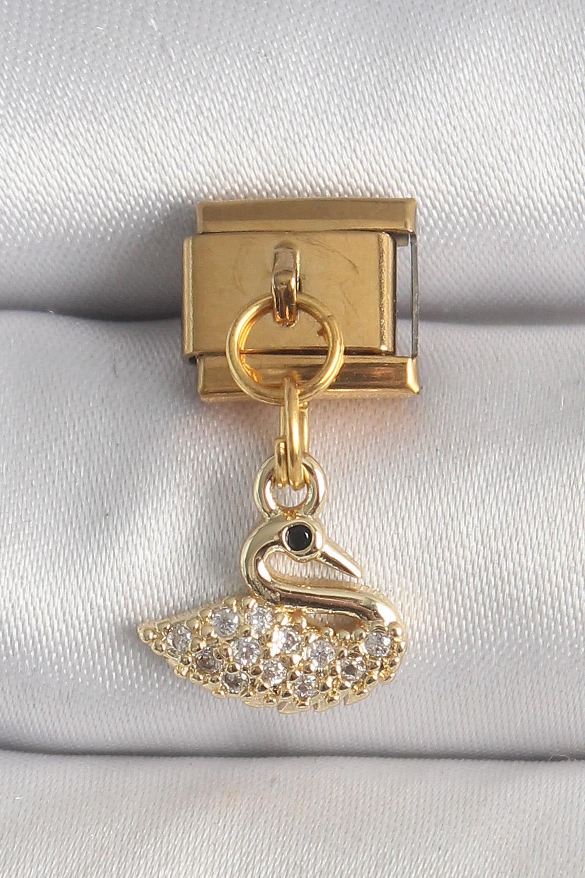 Celira Çelik Gold Renk Sallantı Zirkon Taşlı Kuğu Model Nomination Charm