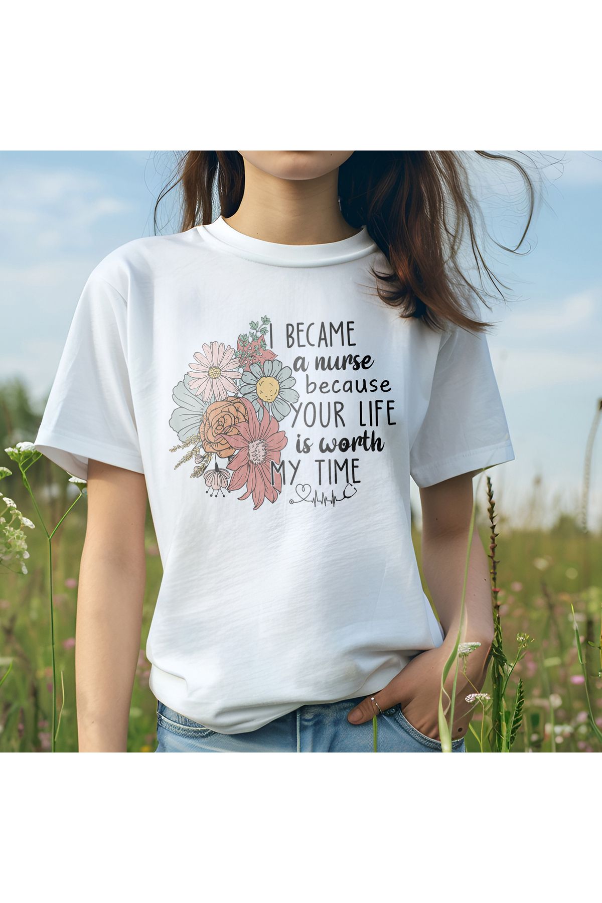 giftkonsept Became A Nurse Because Your Life Is Worth Time Hemşire Hediyelik %100 Pamuklu Regular Beyaz Tişört