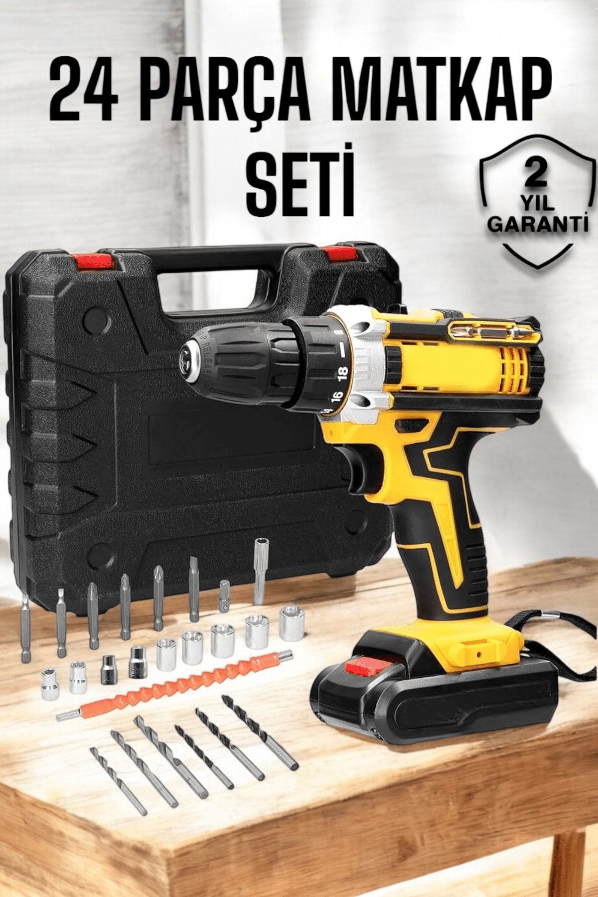 DENİZBİLİŞİM Çift Bataryalı Metal Dişli Darbeli Şarjlı Matkap Seti 24W Güç Ve 24 Parça Aksesuar