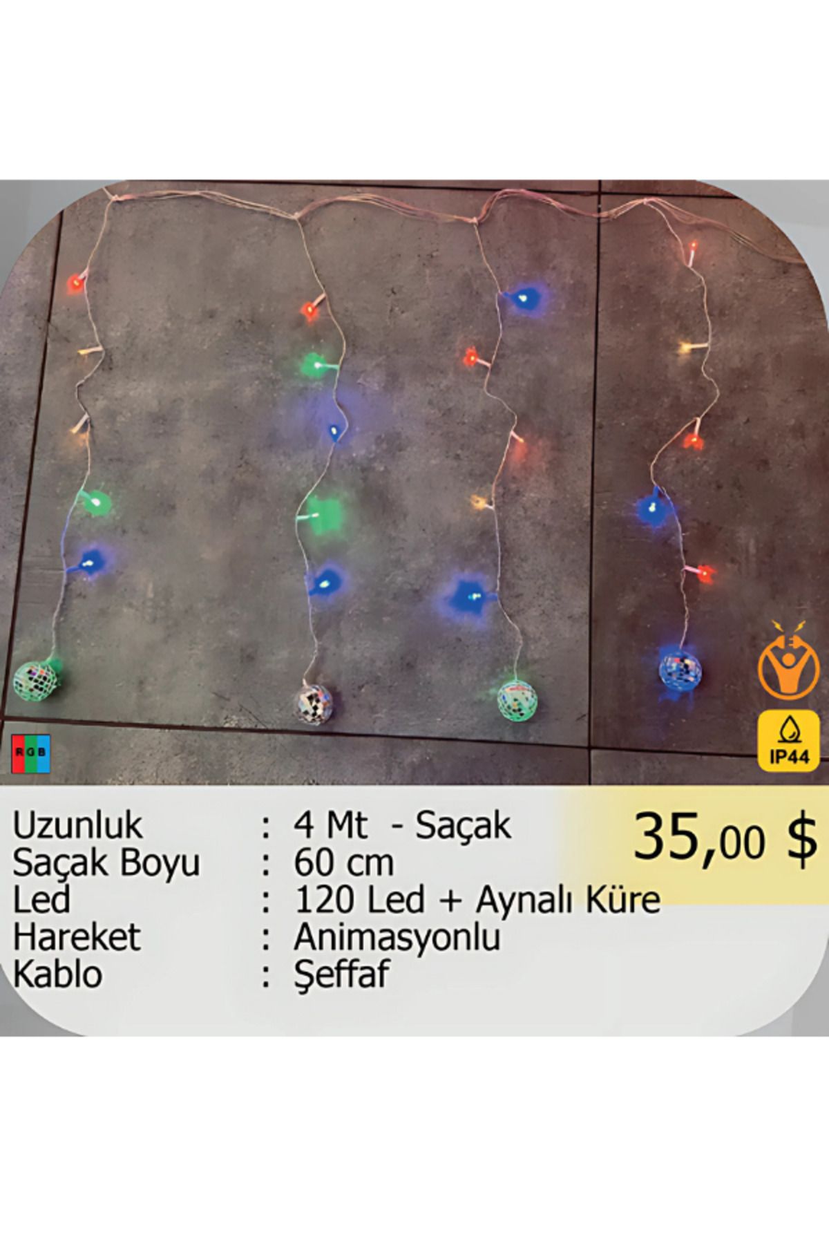ELKHOUSE ElektrikHouse LED Peri Işığı 120 Led + Aynalı Küre Animasyonlu - 4 Metre Saçak 60 cm