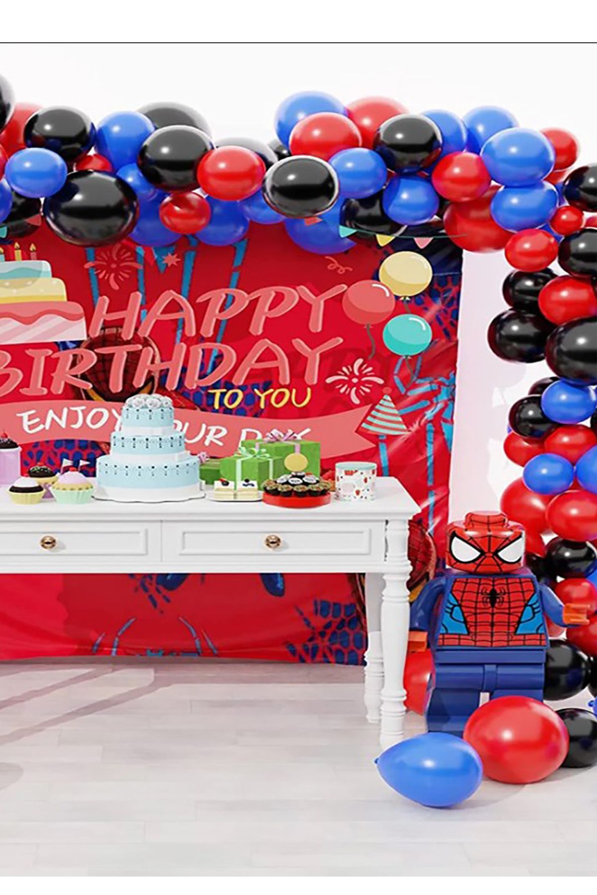 SPIDERMAN 50'li Örümcek Adam Balon Seti Spiderman 20 Lacivert 15 Kırmızı 15 Siyah + 1 Zincir + 1 Sticker Parti