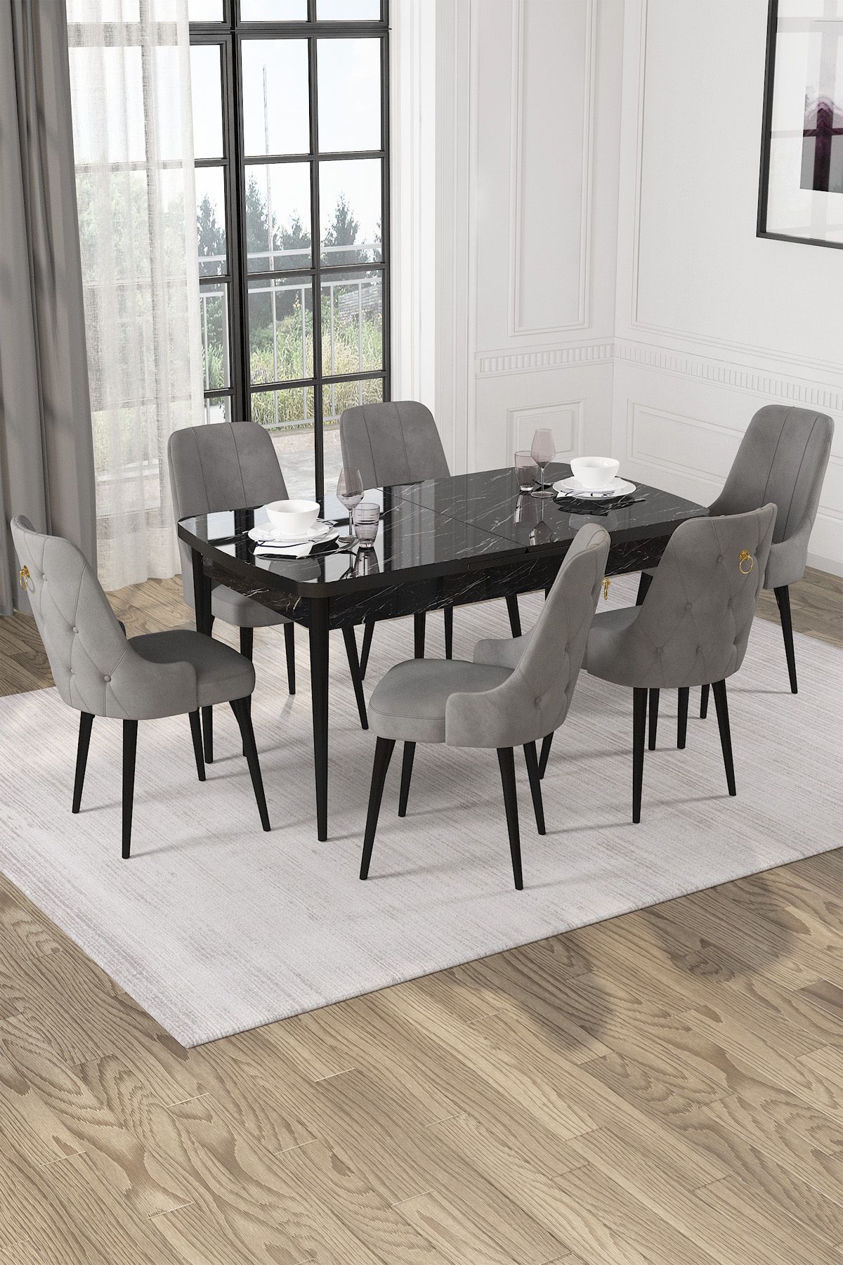 Hira Wessa Serisi 80x132 Açılabilir MDF Siyah Mermer Desen Masa Takımı 6 Gri Sandalye