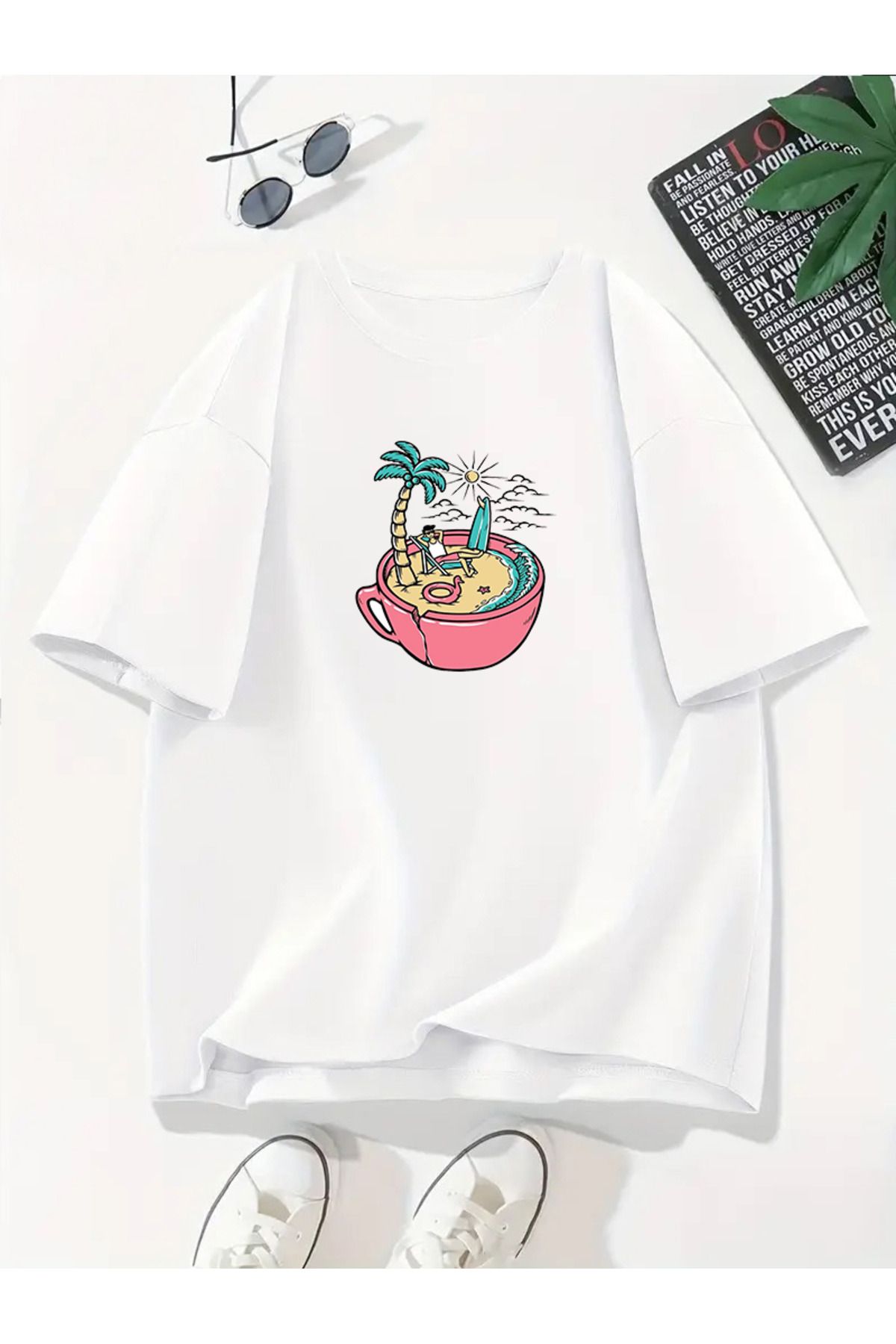 MODA Unisex Oversize Kalıp Bardak Baskılı T-Shirt