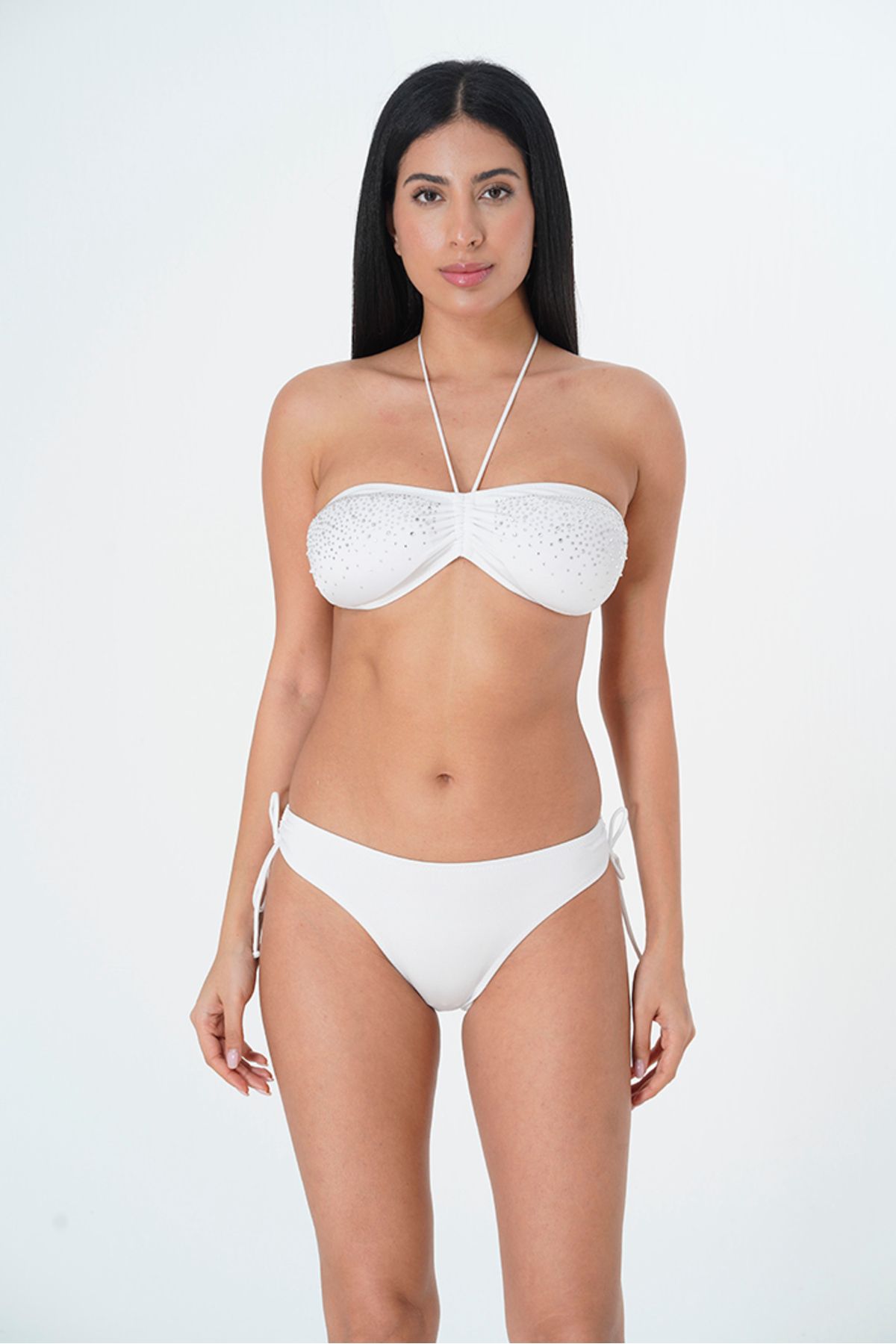 Sunsurf 2025 Kreasyonu Beyaz, Taşlı Düz Straplez Bikini Takımı
