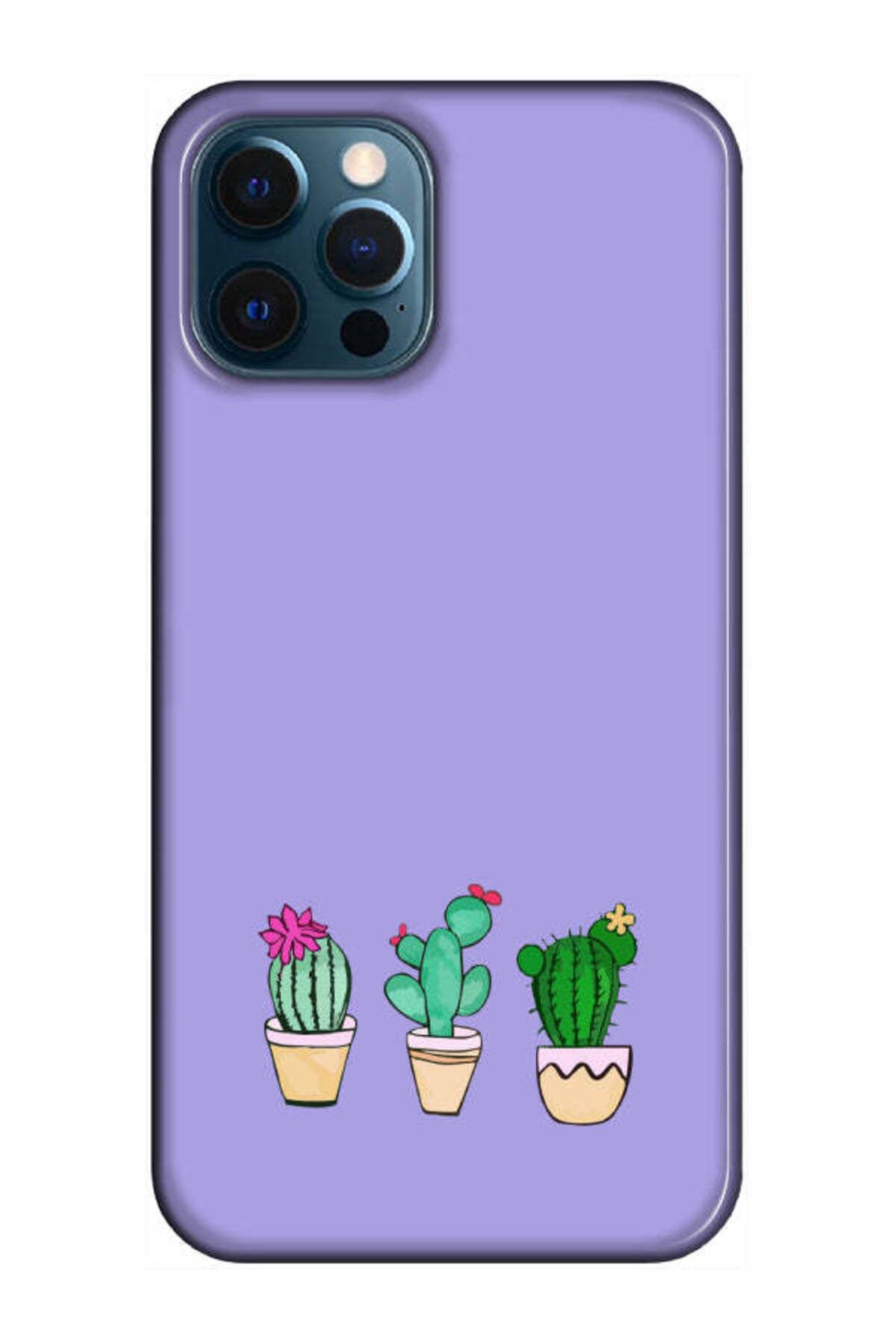 frondcase iPhone 12 Pro Kaktüs Desenli Lila Telefon Kılıfı
